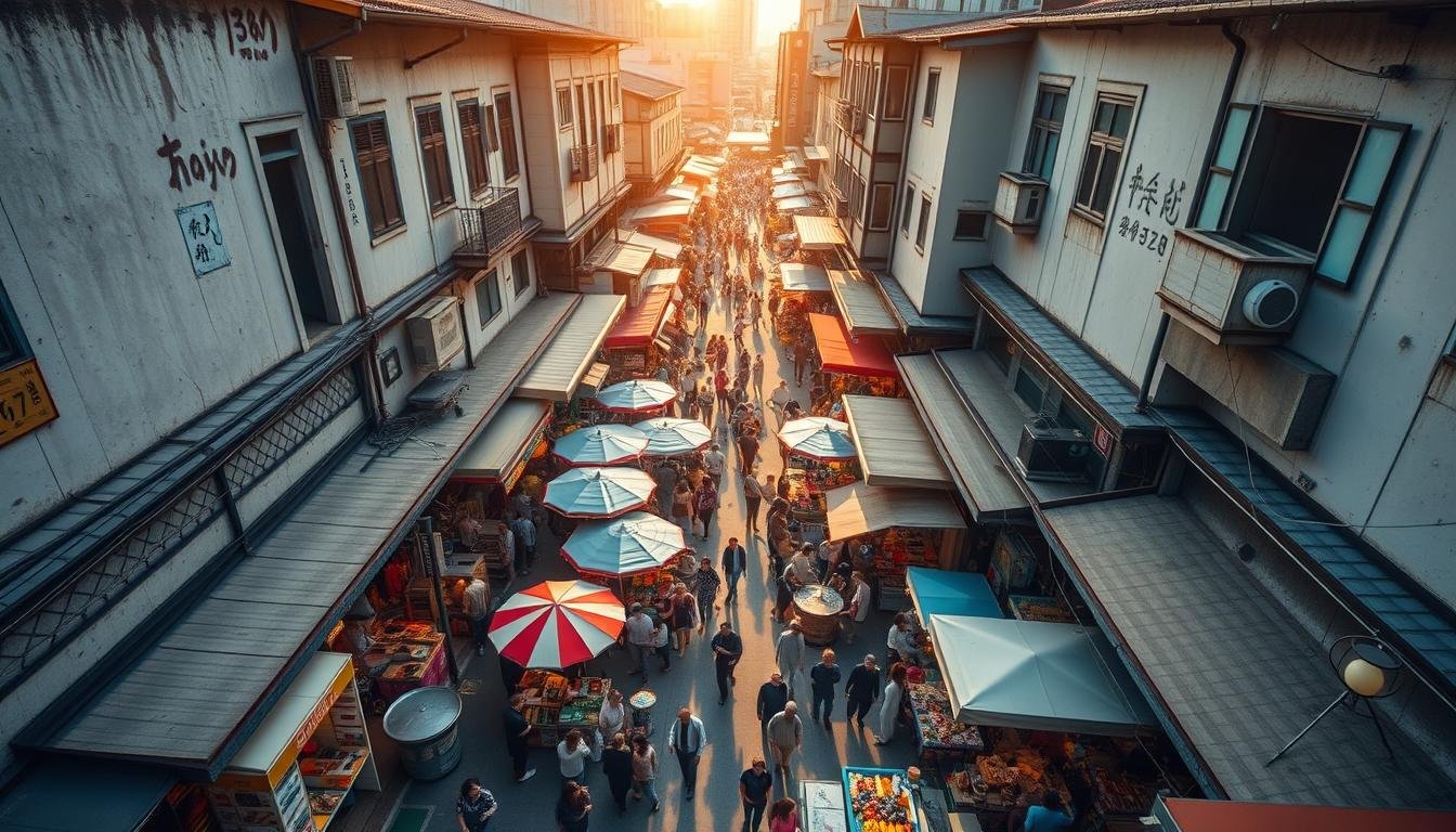 A bustling outdoor market scene in Taichung, Taiwan. A birds-eye view of the Xiangjai 368 creative hub, with its vibrant stalls and colorful awnings dotting the lively open-air marketplace below. Shoppers weave through the crowded lanes, browsing an array of local handicrafts, street food, and artisanal wares. Quaint historic buildings frame the dynamic setting, their weathered facades contrasting with the energy of the contemporary craft fair. Warm sunlight casts a golden glow over the scene, accentuating the textures and details of the traditional architecture and the diverse crowd of vendors and patrons. An immersive, sensory-rich depiction capturing the charm and vitality of this beloved Taiwanese cultural landmark. A bustling outdoor market scene in Taichung, Taiwan. A birds-eye view of the Xiangjai 368 creative hub, with its vibrant stalls and colorful awnings dotting the lively open-air marketplace below. Shoppers weave through the crowded lanes, browsing an array of local handicrafts, street food, and artisanal wares. Quaint historic buildings frame the dynamic setting, their weathered facades contrasting with the energy of the contemporary craft fair. Warm sunlight casts a golden glow over the scene, accentuating the textures and details of the traditional architecture and the diverse crowd of vendors and patrons. An immersive, sensory-rich depiction capturing the charm and vitality of this beloved Taiwanese cultural landmark.