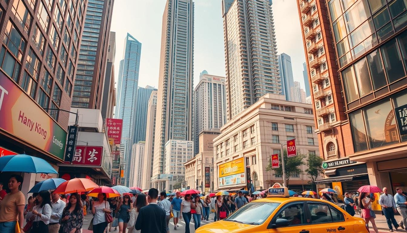 A bustling street in Hong Kong, captured in a vibrant 4-day, 3-night travel itinerary. Towering skyscrapers loom in the background, their mirrored facades reflecting the dynamism of the city. In the foreground, pedestrians navigate the crowded sidewalks, their colorful umbrellas and shopping bags hinting at the local culture. Warm, golden lighting bathes the scene, creating a sense of energy and exploration. A taxi queues at the curb, ready to whisk visitors to their next destination. The composition captures the essence of a compact, yet comprehensive Hong Kong adventure, ready to be experienced through the eyes of the discerning traveler.