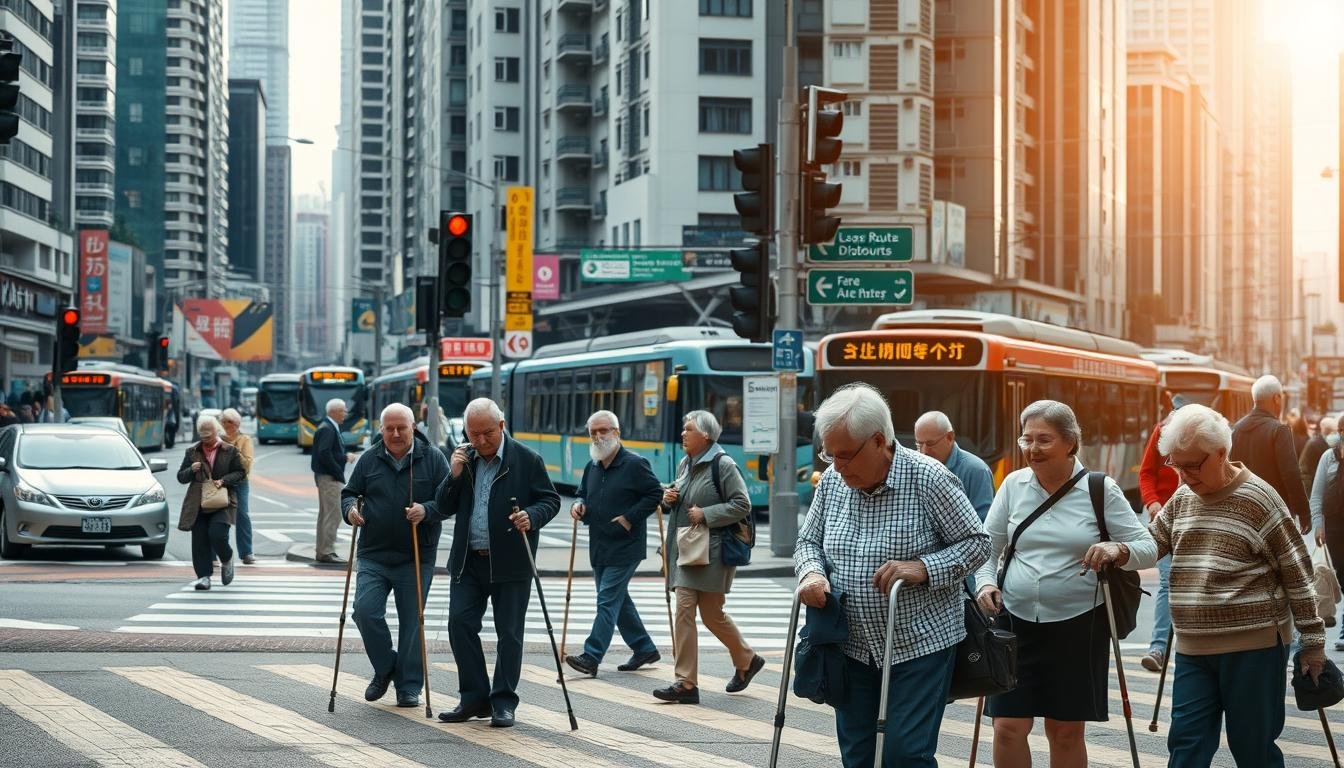 A bustling street in Hong Kong, with elderly pedestrians navigating the sidewalks and crosswalks. In the foreground, a group of seniors, using canes and walkers, carefully make their way across the road, aided by a traffic light. In the middle ground, a public transit station is visible, with signage indicating accessible routes and fare discounts for the elderly. The background is filled with a mix of high-rise buildings, trams, and other modes of transportation, capturing the vibrant, fast-paced nature of the city. The lighting is soft and warm, creating a sense of comfort and security for the elderly passengers. The scene conveys the importance of inclusive and accessible transportation options in Hong Kong, catering to the needs of the aging population.