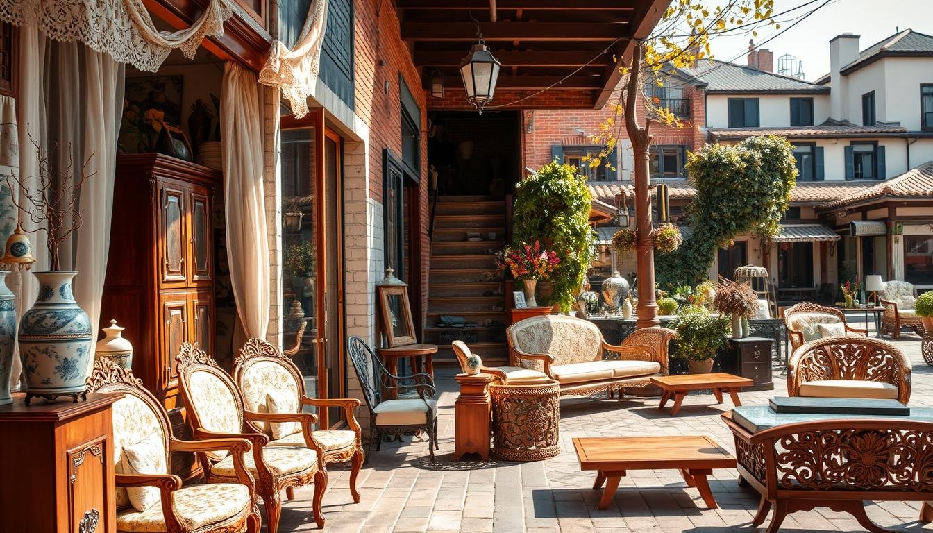 A bustling street in Itaewon, Seoul, lined with weathered brick facades and overflowing with a captivating mix of vintage furniture and decor. In the foreground, a quaint storefront displays an eclectic collection of antique armchairs, ornate wooden cabinets, and delicate porcelain vases, bathed in warm, golden light filtering through lace curtains. Farther down the street, a blend of rustic and modern elements come together - a sun-dappled courtyard showcases intricate, carved wooden benches alongside sleek, retro-inspired coffee tables, while the background reveals a tapestry of charming, ivy-covered buildings and the occasional glimpse of a traditional hanok roof. An atmospheric, nostalgic scene that captures the essence of Itaewon's unique blend of old and new.