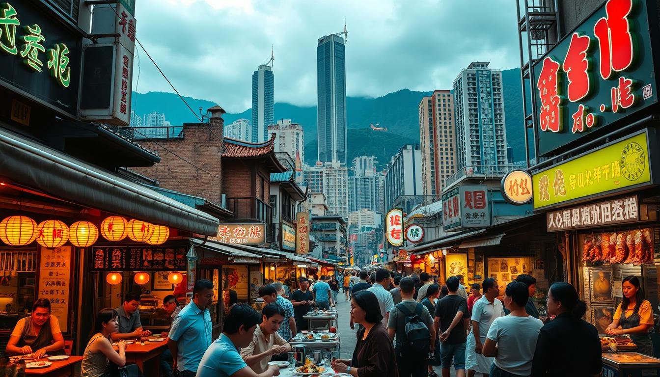 A bustling street scene in Hong Kong's vibrant food district, with an array of traditional eateries, neon-lit signage, and enticing aromas wafting through the air. In the foreground, a group of locals and tourists savor authentic Cantonese dishes at a family-run restaurant, bathed in warm, golden lighting. The middle ground features a diverse selection of street food stalls, offering savory dumplings, fragrant curries, and freshly prepared seafood. In the background, towering skyscrapers and lush hills create a stunning urban landscape, evoking the essence of Hong Kong's unique culinary heritage and vibrant city life. Crisp, cinematic lighting and a balanced composition capture the mouthwatering appeal of this quintessential Hong Kong dining experience.