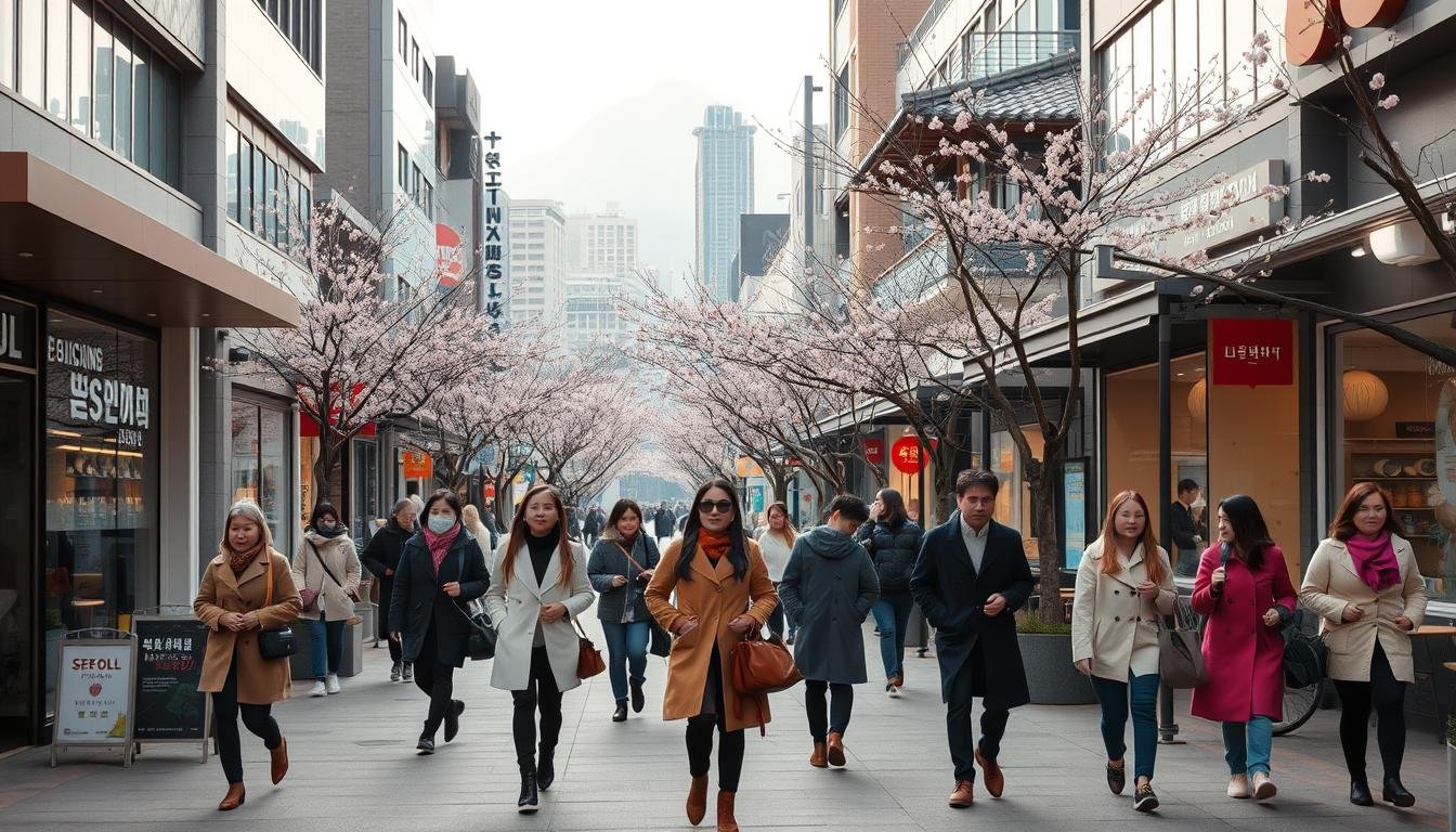 A bustling street scene in Seoul, South Korea, captured on a chilly March day. The foreground features fashionable pedestrians strolling past boutiques and cafes, their stylish outfits reflecting the season's latest trends. In the middle ground, a mix of modern and traditional architecture frames the street, with cherry blossom trees lining the sidewalks. The background showcases the iconic Seoul cityscape, with high-rise buildings and the distant mountains creating a dramatic skyline. The scene is bathed in a soft, diffused light, creating a warm and inviting atmosphere that invites the viewer to immerse themselves in the vibrant Seoul street style. A bustling street scene in Seoul, South Korea, captured on a chilly March day. The foreground features fashionable pedestrians strolling past boutiques and cafes, their stylish outfits reflecting the season's latest trends. In the middle ground, a mix of modern and traditional architecture frames the street, with cherry blossom trees lining the sidewalks. The background showcases the iconic Seoul cityscape, with high-rise buildings and the distant mountains creating a dramatic skyline. The scene is bathed in a soft, diffused light, creating a warm and inviting atmosphere that invites the viewer to immerse themselves in the vibrant Seoul street style.