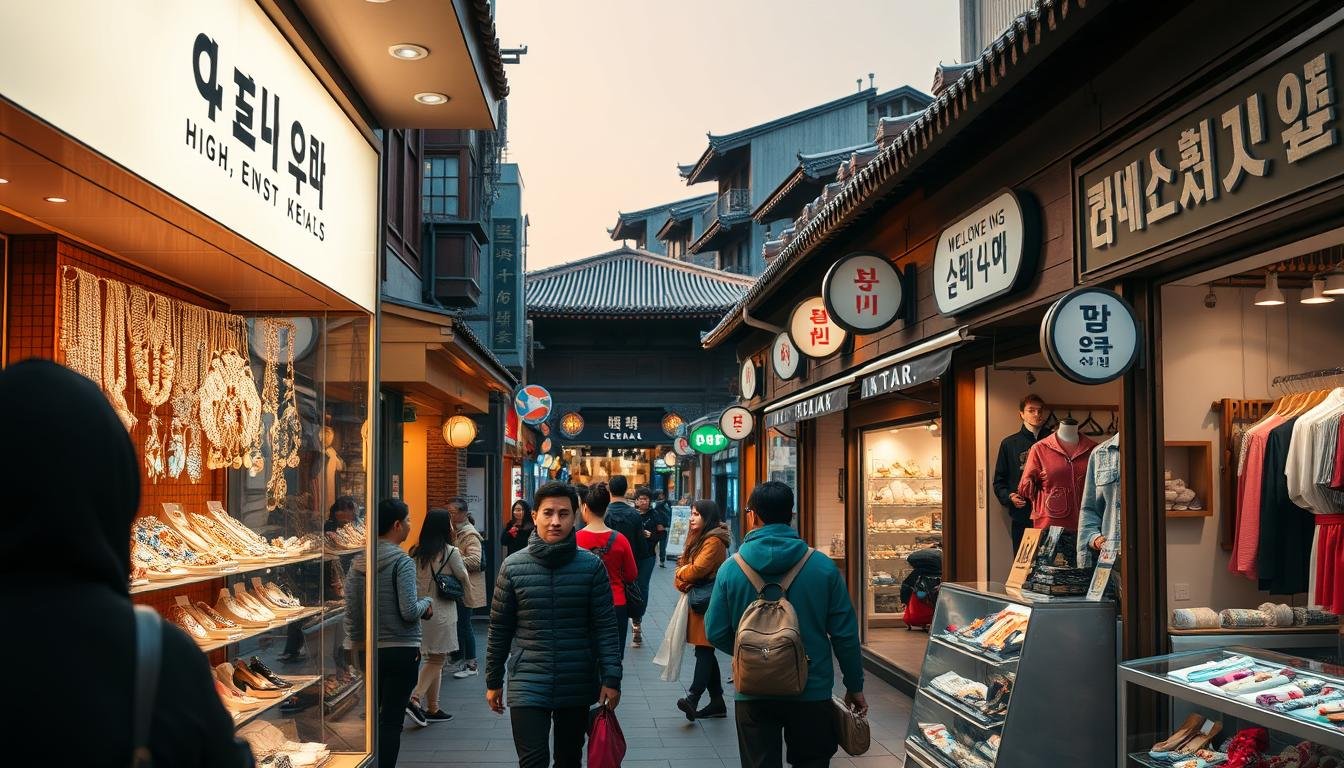 A bustling street scene in Seoul, South Korea, showcasing the best shopping destinations for travelers. In the foreground, a well-lit storefront displays an array of sparkling jewelry and accessories, enticing passersby. The middle ground features a diverse mix of high-end boutiques, trendy clothing stores, and local artisanal shops, all with welcoming storefront displays. In the background, the street is lined with traditional Korean architecture, adding to the vibrant cultural atmosphere. The lighting is warm and inviting, creating a cozy and inviting ambiance. The camera angle is slightly elevated, providing a panoramic view of the thriving shopping district, highlighting its accessibility and convenience for tourists.