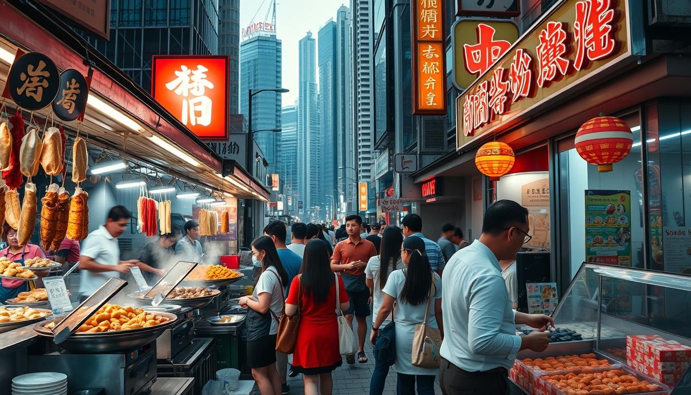 A bustling street scene in Tsuen Wan, Hong Kong, showcasing an array of authentic local delicacies. In the foreground, a vibrant night market stall overflows with sizzling woks, steaming dumplings, and fragrant skewers. Shoppers and diners mingle, immersed in the lively atmosphere. The middle ground features a classic Cantonese restaurant, its neon sign casting a warm glow onto the busy sidewalk. In the background, towering skyscrapers and bustling traffic create a dynamic urban backdrop, reflecting the energetic spirit of this vibrant food district. Soft, diffused lighting illuminates the scene, capturing the tantalizing aromas and mouthwatering textures of the Hong Kong street food experience.