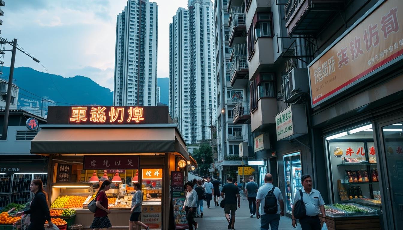 A bustling street scene in a suburban town in Hong Kong's New Territories. The storefront of a local restaurant, "新界西線 舖", stands prominently in the foreground, its bright neon sign casting a warm glow. Pedestrians move through the narrow sidewalks, passing by fruit stalls and small shops. In the background, towering apartment buildings and the silhouettes of nearby mountains create a sense of place. The scene is bathed in soft, diffused lighting, capturing the lively atmosphere of this neighborhood eatery. The camera angle is slightly elevated, offering a comprehensive view of the vibrant street life.