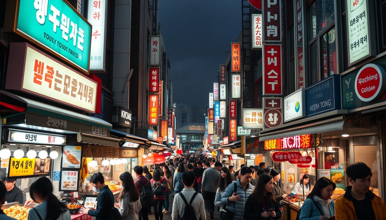 A bustling street scene in the heart of Seoul's Myeong-dong district, showcasing an array of traditional Korean street food stalls. In the foreground, vibrant food displays and sizzling vendors entice passersby with the tantalizing aromas of tteokbokki, hotteok, and odeng. The middle ground is filled with a lively crowd of locals and tourists, navigating the lively atmosphere captured through a medium-wide lens. In the background, the iconic architecture of Myeong-dong's commercial buildings frames the scene, bathed in warm, soft lighting that evokes the cozy ambiance of this beloved culinary destination. The overall composition captures the essence of the "Myeong-dong Essential Eats" experience - a must-visit for an authentic taste of Korea's renowned street food culture. A bustling street scene in the heart of Seoul's Myeong-dong district, showcasing an array of traditional Korean street food stalls. In the foreground, vibrant food displays and sizzling vendors entice passersby with the tantalizing aromas of tteokbokki, hotteok, and odeng. The middle ground is filled with a lively crowd of locals and tourists, navigating the lively atmosphere captured through a medium-wide lens. In the background, the iconic architecture of Myeong-dong's commercial buildings frames the scene, bathed in warm, soft lighting that evokes the cozy ambiance of this beloved culinary destination. The overall composition captures the essence of the "Myeong-dong Essential Eats" experience - a must-visit for an authentic taste of Korea's renowned street food culture.