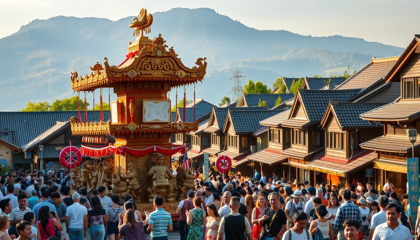 A bustling summer festival in a quaint Japanese town, the Sawara Daimasturi is showcased in stunning detail. In the foreground, an ornate, multi-tiered festival float adorned with intricate carvings and vibrant banners sways gently through the streets. Surrounding it, a lively crowd of locals and visitors in traditional dress merrily dance and cheer. The mid-ground features rows of historic wooden buildings with tiled roofs, their facades bathed in the warm glow of golden hour sunlight. In the background, a hazy blue mountain range rises, creating a picturesque pastoral scene. The atmosphere is one of joyful celebration, with a sense of timeless tradition and community spirit permeating the frame. Captured with a wide-angle lens to convey the grand scale of the festival, the image presents an immersive and authentic glimpse into a cherished Japanese summertime ritual.