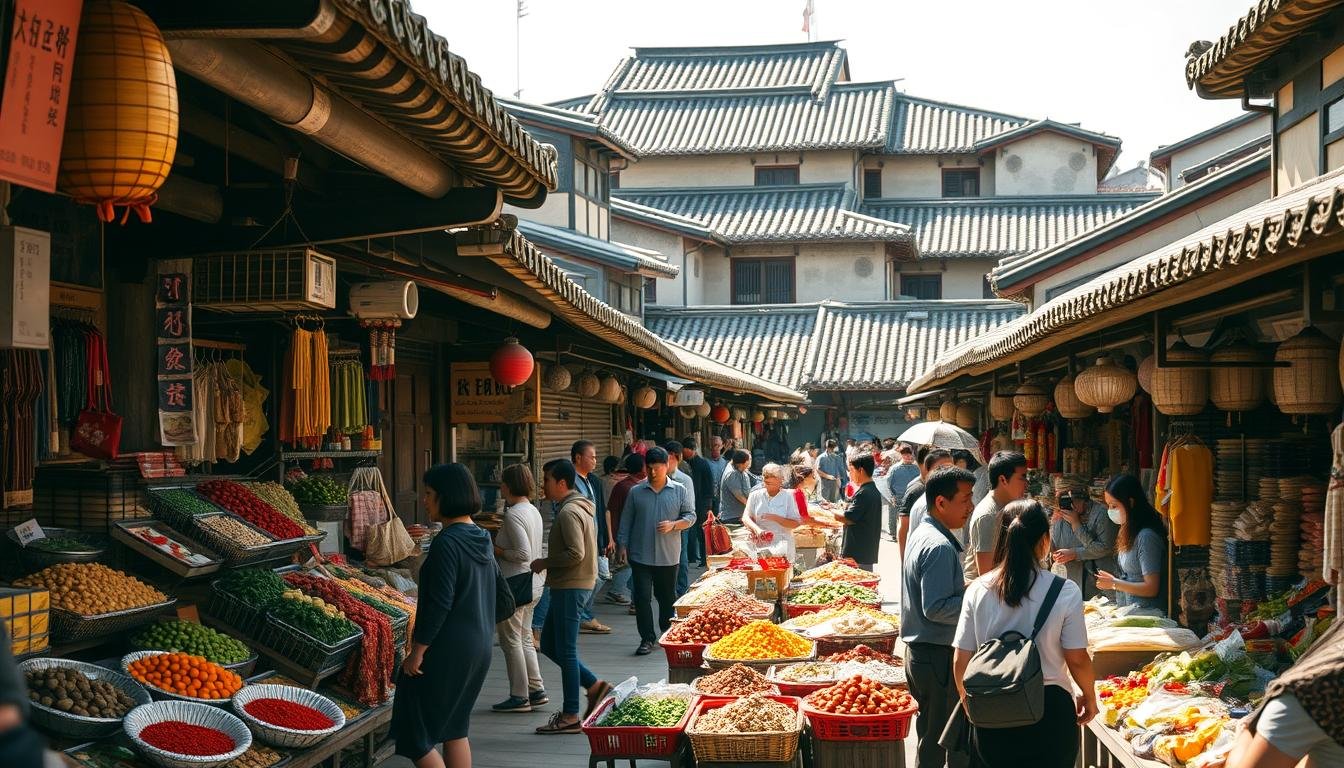 A bustling traditional Korean market, captured in warm afternoon sunlight. The foreground is filled with vibrant stalls overflowing with fresh produce, spices, and handcrafted wares. In the middle ground, shoppers and vendors engage in lively exchanges, immersing visitors in the lively atmosphere. The background reveals the architectural details of the market's historic buildings, their weathered facades and tiled roofs hinting at the centuries-old tradition. A sense of timelessness pervades the scene, inviting the viewer to step into the heart of authentic Korean culture and experience the vivid sights, sounds, and aromas of this timeless marketplace.