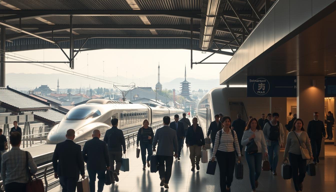 A bustling train station in Kyoto, Japan, bathed in soft, warm lighting. In the foreground, a group of travelers hurry through the concourse, briefcases and suitcases in hand, as they make their way to the platforms. The middle ground features the sleek, iconic silhouette of a Shinkansen bullet train, its streamlined form conveying a sense of speed and efficiency. In the background, a panoramic view of the city's historic rooftops and towering pagodas, creating a harmonious blend of modern and traditional elements. The overall atmosphere evokes a sense of movement, connectivity, and the excitement of arrival and exploration. A bustling train station in Kyoto, Japan, bathed in soft, warm lighting. In the foreground, a group of travelers hurry through the concourse, briefcases and suitcases in hand, as they make their way to the platforms. The middle ground features the sleek, iconic silhouette of a Shinkansen bullet train, its streamlined form conveying a sense of speed and efficiency. In the background, a panoramic view of the city's historic rooftops and towering pagodas, creating a harmonious blend of modern and traditional elements. The overall atmosphere evokes a sense of movement, connectivity, and the excitement of arrival and exploration.
