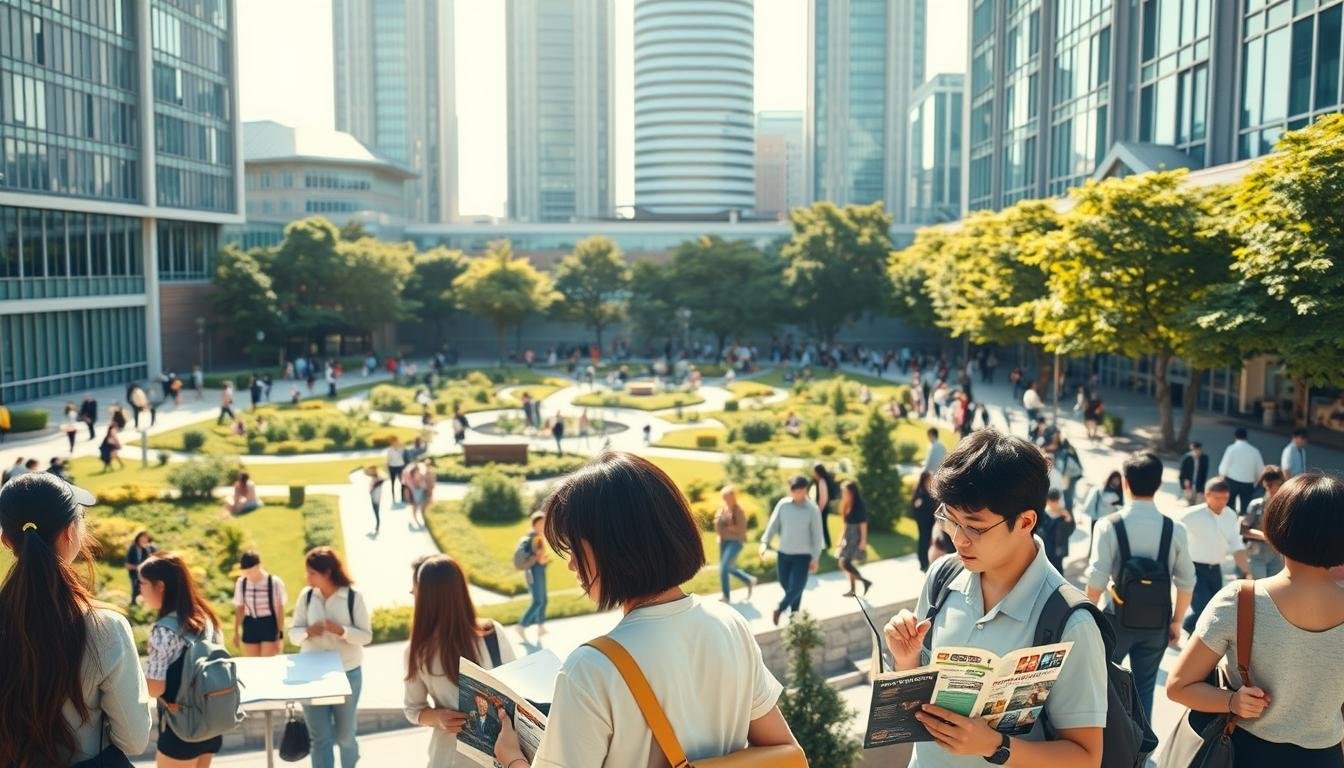 A bustling university campus, with students navigating a maze of modern buildings and verdant courtyards. In the foreground, a group of prospective students pore over brochures, evaluating course offerings and admission requirements. In the middle ground, a panel discussion showcases diverse academic programs, their experts articulating the benefits of each specialization. The background features towering, glass-façaded structures, conveying an atmosphere of intellectual vigor and global connectivity. Warm afternoon sunlight filters through the scene, imbuing it with a sense of promise and opportunity. The image captures the essence of carefully selecting the right school and course of study, a critical step in the Japanese study abroad journey. A bustling university campus, with students navigating a maze of modern buildings and verdant courtyards. In the foreground, a group of prospective students pore over brochures, evaluating course offerings and admission requirements. In the middle ground, a panel discussion showcases diverse academic programs, their experts articulating the benefits of each specialization. The background features towering, glass-façaded structures, conveying an atmosphere of intellectual vigor and global connectivity. Warm afternoon sunlight filters through the scene, imbuing it with a sense of promise and opportunity. The image captures the essence of carefully selecting the right school and course of study, a critical step in the Japanese study abroad journey.