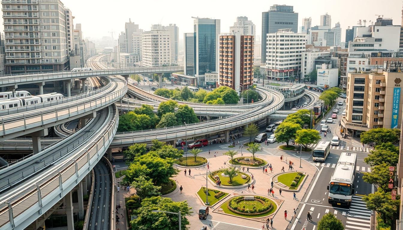 A bustling urban scene showcasing the intricate transportation infrastructure and pedestrian flow of a vibrant Japanese city. In the foreground, a network of elevated walkways and crossings connect high-rise buildings, while below, a seamless interplay of trains, buses, and automobiles navigate the streets. The middle ground features lush greenery and public spaces where families stroll and children play, blending the convenience of modern transit with the tranquility of urban life. Warm, diffused lighting casts a soft, inviting glow, capturing the harmonious coexistence of functionality and family-friendly atmosphere. Captured through a wide-angle lens, the image conveys a comprehensive, panoramic view of an ideal Japanese destination for a memorable family vacation. A bustling urban scene showcasing the intricate transportation infrastructure and pedestrian flow of a vibrant Japanese city. In the foreground, a network of elevated walkways and crossings connect high-rise buildings, while below, a seamless interplay of trains, buses, and automobiles navigate the streets. The middle ground features lush greenery and public spaces where families stroll and children play, blending the convenience of modern transit with the tranquility of urban life. Warm, diffused lighting casts a soft, inviting glow, capturing the harmonious coexistence of functionality and family-friendly atmosphere. Captured through a wide-angle lens, the image conveys a comprehensive, panoramic view of an ideal Japanese destination for a memorable family vacation.