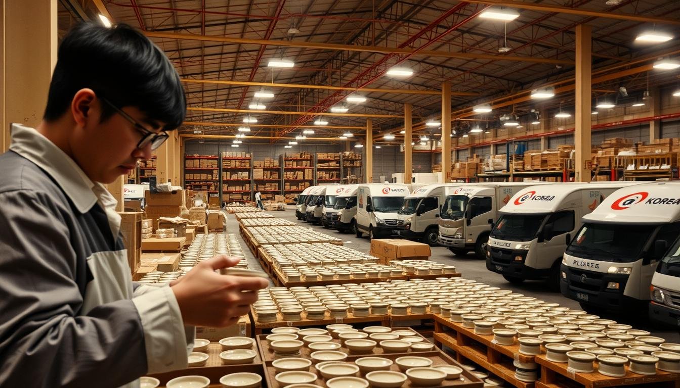 A bustling warehouse interior, illuminated by warm overhead lighting. In the foreground, a worker carefully prepares a delicate ceramic piece for packaging, their hands moving with practiced precision. In the middle ground, rows of shelves hold an array of neatly organized handcrafted items, awaiting their final journey to customers. In the background, a fleet of delivery vehicles stands ready, their logos emblazoned on the sides, symbolizing the seamless transportation of these precious Korean cultural treasures. The scene conveys a sense of artisanal care, efficiency, and the pride of preserving traditional craftsmanship through a modern distribution network.