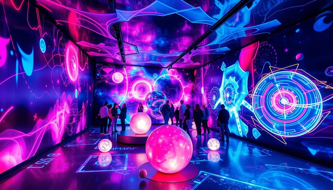 A captivating and immersive media art installation set in a futuristic cosmic space. Vibrant neon lights dance across the walls, creating a mesmerizing display of abstract shapes and patterns. Visitors are transported to a otherworldly dimension, surrounded by a stunning array of holographic projections, interactive digital sculptures, and luminous orbs that pulse with dynamic energy. The space is bathed in a cool, ethereal glow, inviting guests to lose themselves in a visually stunning and technologically advanced artistic experience. Sleek, minimalist design elements complement the high-tech, futuristic ambiance, creating a truly immersive and captivating environment for all ages to explore and discover.