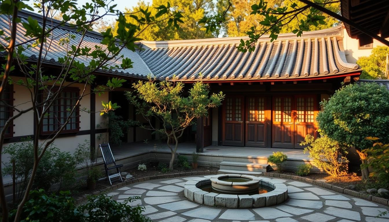 A charming traditional Korean hanok house nestled in the historic city of Jeonju, with its distinctive curved roofline and wooden facade bathed in warm, golden afternoon light. The tranquil courtyard garden is filled with lush foliage and a serene water feature, inviting guests to immerse themselves in the timeless serenity of Korean heritage architecture. The composition showcases the harmonious blend of the hanok's elegant simplicity and the surrounding natural elements, capturing the essence of a truly authentic Korean accommodations experience.