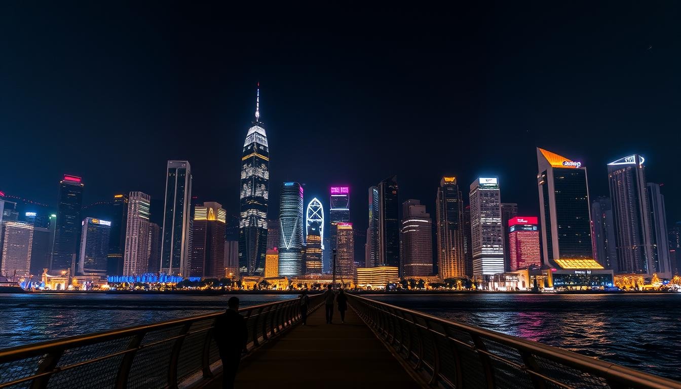 A cityscape of Hong Kong at night, with the iconic skyline of towering skyscrapers illuminated against a dark sky. The buildings are reflected in the calm waters of the harbor, creating a dazzling symmetry. In the foreground, a pedestrian bridge or promenade leads the viewer's eye into the scene, with a few people strolling along, their figures silhouetted. Warm, golden lights from the buildings and streetlamps cast a soft, atmospheric glow, complemented by the cool, blue tones of the night sky. The composition emphasizes the grand scale and architectural splendor of the city, while also capturing the tranquility and wonder of Hong Kong's nighttime urban landscape.