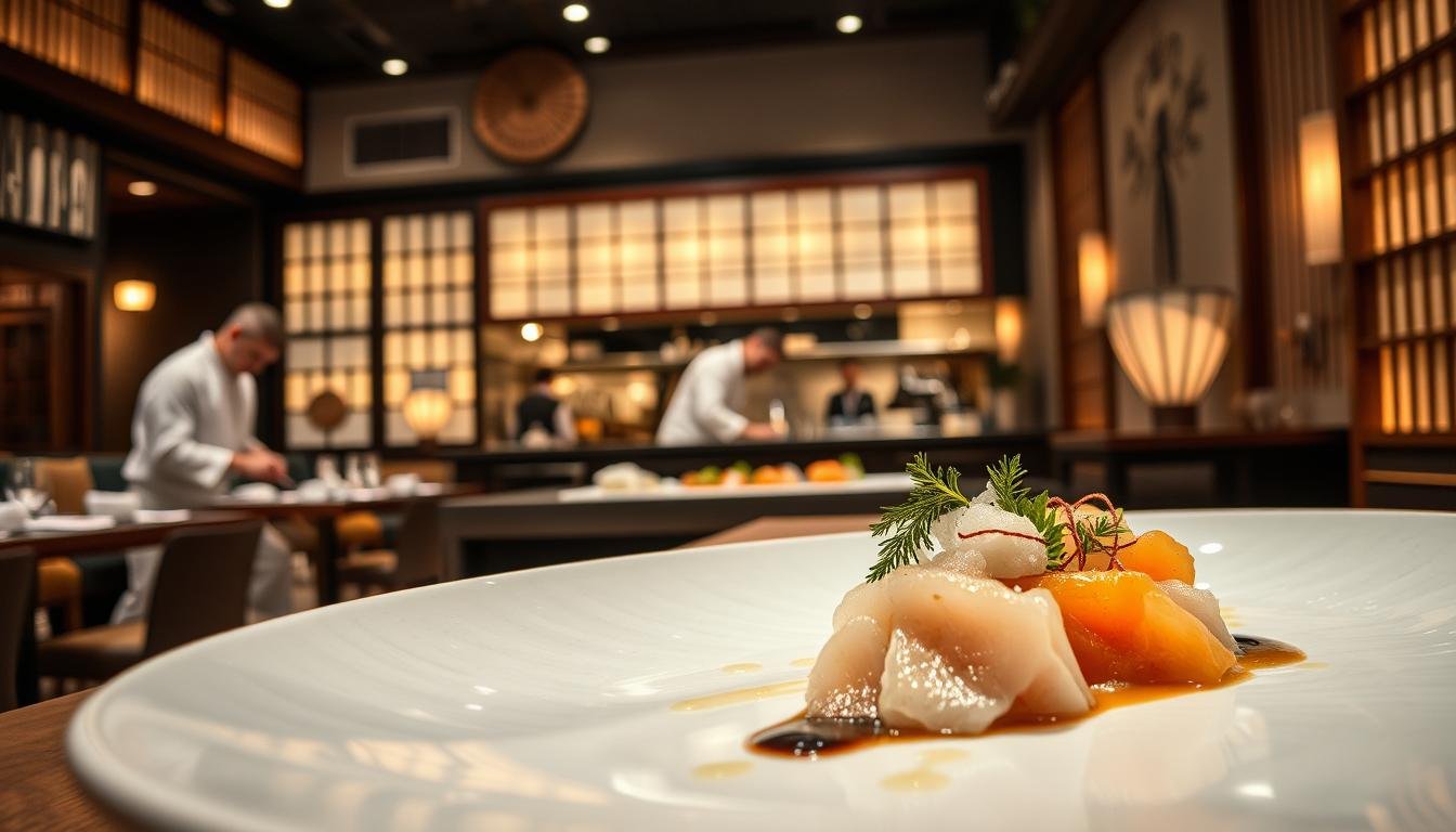 A contemporary Japanese fusion restaurant set against a backdrop of traditional Japanese architecture and elements. In the foreground, a meticulously plated dish showcases the fusion of Japanese and Western culinary techniques - delicate sashimi, artfully arranged alongside European-inspired sauces and garnishes. The middle ground features an open kitchen, where chefs in crisp white uniforms skillfully prepare dishes, blending the traditional and the innovative. In the background, subtle Japanese motifs, such as shoji screens and decorative fans, create a harmonious ambiance. Warm, indirect lighting casts a soft glow, highlighting the interplay of textures and flavors. The overall scene conveys a sense of cultural exchange, where the 和魂 (Japanese spirit) and 洋才 (Western expertise) converge to deliver a truly unique dining experience. A contemporary Japanese fusion restaurant set against a backdrop of traditional Japanese architecture and elements. In the foreground, a meticulously plated dish showcases the fusion of Japanese and Western culinary techniques - delicate sashimi, artfully arranged alongside European-inspired sauces and garnishes. The middle ground features an open kitchen, where chefs in crisp white uniforms skillfully prepare dishes, blending the traditional and the innovative. In the background, subtle Japanese motifs, such as shoji screens and decorative fans, create a harmonious ambiance. Warm, indirect lighting casts a soft glow, highlighting the interplay of textures and flavors. The overall scene conveys a sense of cultural exchange, where the 和魂 (Japanese spirit) and 洋才 (Western expertise) converge to deliver a truly unique dining experience.