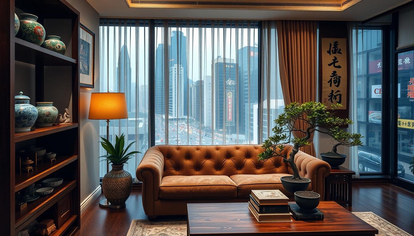 A cozy Hong Kong-inspired living room with a blend of traditional and modern elements. In the foreground, a wooden display shelf showcases vibrant ceramic jars, intricate porcelain figurines, and a classic jade-colored teapot. Hanging on the wall, a framed Chinese calligraphy scroll adds a touch of cultural elegance. The middle ground features a plush, tufted sofa in a muted earthy tone, complemented by a low, wooden coffee table adorned with a bonsai plant and a stack of vintage-style books. In the background, a large window overlooks the bustling streets of Hong Kong, with glimpses of skyscrapers and neon signs visible through the sheer curtains. The lighting is warm and ambient, creating a cozy, inviting atmosphere that celebrates the unique blend of tradition and modernity that defines the Hong Kong lifestyle. A cozy Hong Kong-inspired living room with a blend of traditional and modern elements. In the foreground, a wooden display shelf showcases vibrant ceramic jars, intricate porcelain figurines, and a classic jade-colored teapot. Hanging on the wall, a framed Chinese calligraphy scroll adds a touch of cultural elegance. The middle ground features a plush, tufted sofa in a muted earthy tone, complemented by a low, wooden coffee table adorned with a bonsai plant and a stack of vintage-style books. In the background, a large window overlooks the bustling streets of Hong Kong, with glimpses of skyscrapers and neon signs visible through the sheer curtains. The lighting is warm and ambient, creating a cozy, inviting atmosphere that celebrates the unique blend of tradition and modernity that defines the Hong Kong lifestyle.