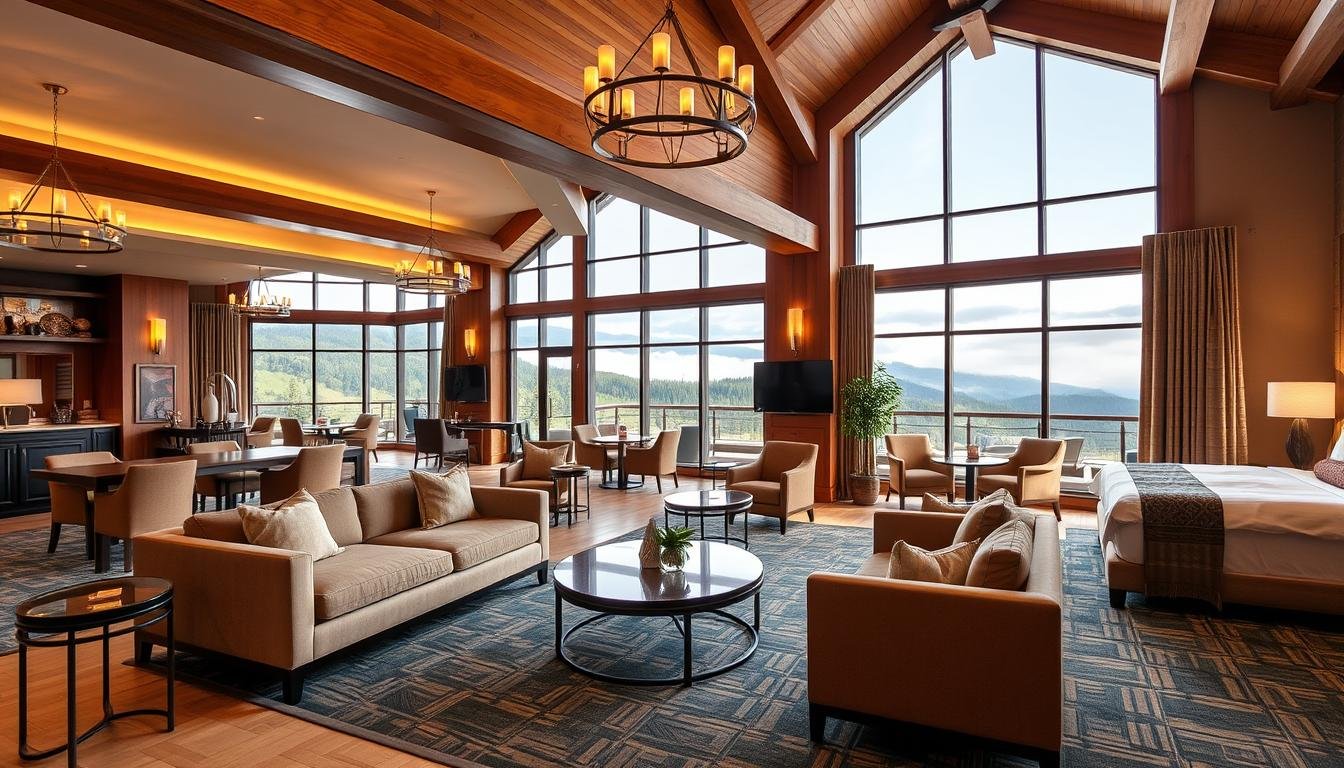 A cozy and well-equipped mountain resort, showcasing a vibrant lobby with plush seating, warm lighting, and natural wood accents. Inviting communal spaces include a modern fitness center, a tranquil spa, and a picturesque outdoor terrace with panoramic views of the lush, fog-shrouded hills. Elegant guest rooms feature luxurious bedding, sleek furnishings, and large windows that frame the scenic landscape. The scene evokes a sense of serene, mountain-inspired hospitality, perfect for a restful and rejuvenating stay.