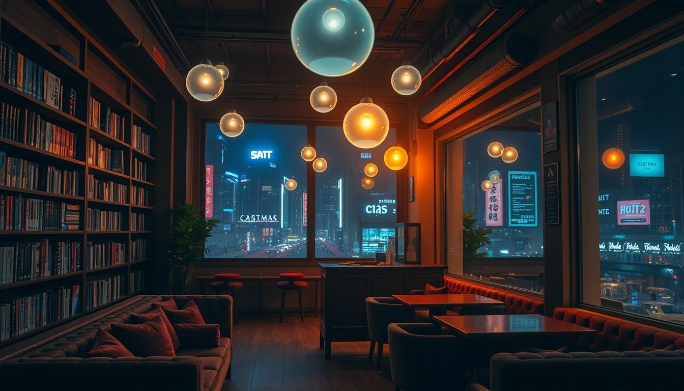 A cozy, dimly lit interior of a manga and anime-themed café, with soft neon lights casting a warm glow over the space. Plush velvet couches and cushions invite visitors to sink in and immerse themselves in the atmospheric ambiance. Bookshelves line the walls, displaying a vibrant collection of Japanese comic books and manga volumes. A central counter offers a selection of specialty beverages and snacks, adding to the inviting atmosphere. Ethereal light fixtures, resembling floating orbs, illuminate the space, creating a sense of magic and wonder. Large windows provide glimpses of the bustling city outside, creating a captivating contrast between the serene indoor space and the lively nightlife beyond.