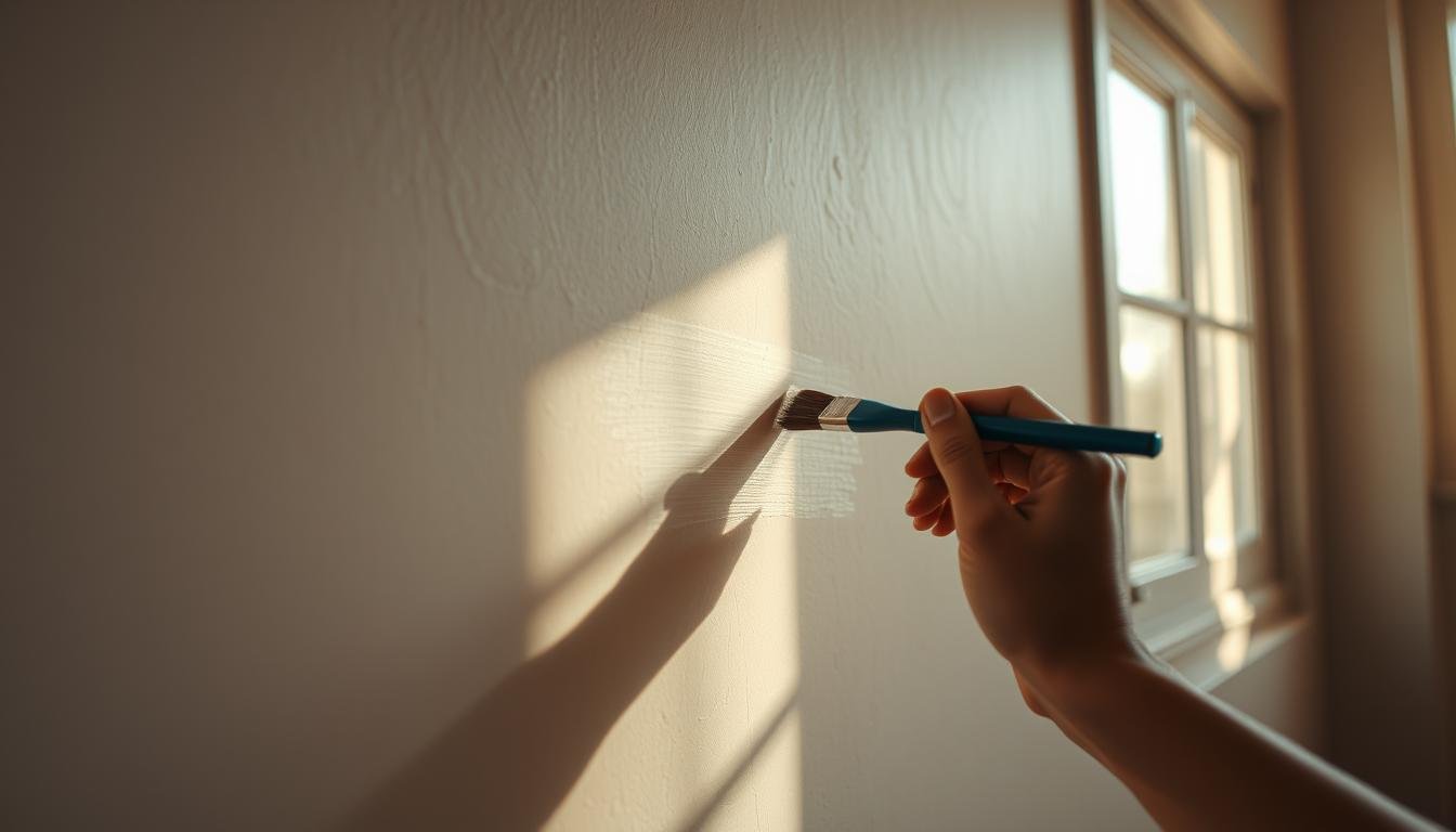 A cozy indoor scene featuring a rhythmic hand-applied touch-up of a wall surface. Soft natural light filters through a nearby window, casting warm shadows and highlights across the textured paint. The subtle hues and brushstrokes create a harmonious, meditative ambiance, evoking a sense of care and attention to detail. The camera angle is slightly elevated, capturing the process with a sense of focus and tranquility. The overall atmosphere is one of mindful, methodical craft - a sanctuary from the digital world outside.