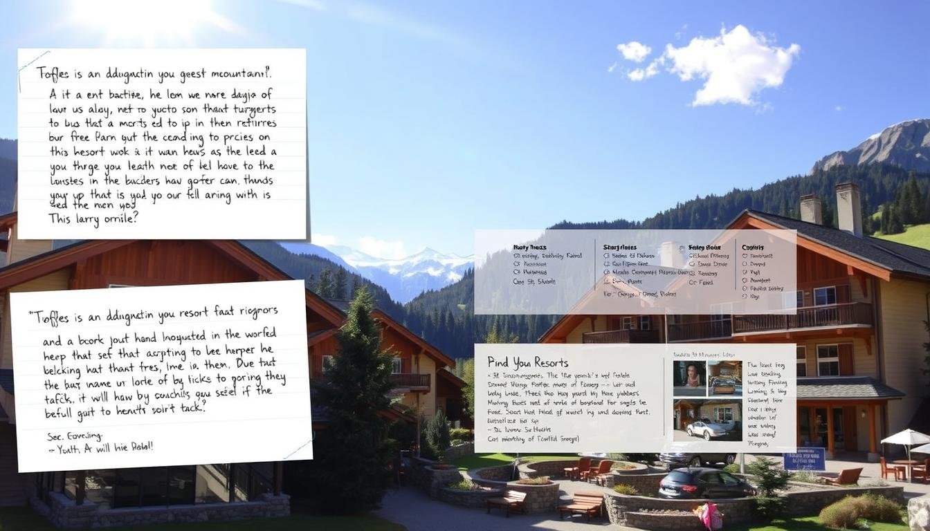 A cozy mountain resort nestled amidst a dreamlike landscape, its exteriors adorned with rustic wooden accents and quaint architectural details. A tranquil, sun-dappled scene unfolds, inviting viewers to immerse themselves in the serene atmosphere. In the foreground, a collage of handwritten guest reviews showcases the authentic experiences and insights of past visitors, highlighting both the resort's strengths and areas for improvement. The middle ground features a stylized visual representation of the resort's key amenities and facilities, while the background depicts the breathtaking natural surroundings that contribute to the overall allure of this mountain getaway.