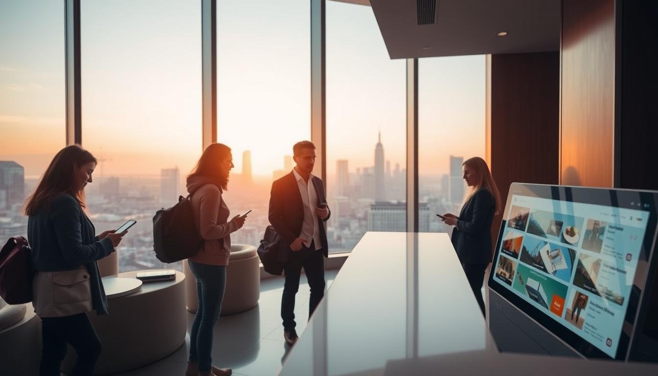 A cozy, well-lit interior of a modern hotel lobby or booking area. In the foreground, a clean, minimalist booking counter with a touchscreen display showcasing various accommodation options. In the middle ground, a group of travelers standing or sitting, engaged in animated discussions, comparing prices and amenities on their mobile devices. The background features a large, panoramic window overlooking a bustling city skyline, bathed in the warm glow of the setting sun. The overall atmosphere is one of efficiency, convenience, and a sense of discovery as the travelers navigate the various accommodation choices available to them.
