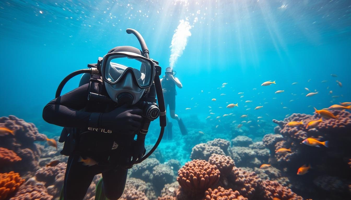 A crystal-clear underwater scene with scuba diving equipment meticulously displayed in the foreground. The focal point is a well-crafted wetsuit, mask, fins, and regulator system, showcasing the latest in diving technology. In the middle ground, a diver gracefully navigates through vibrant coral reefs, surrounded by schools of tropical fish. The background depicts the serene azure waters of a Thai diving hotspot, with shafts of warm sunlight penetrating the surface. The overall composition evokes a sense of tranquility, adventure, and the thrill of exploring the underwater world.