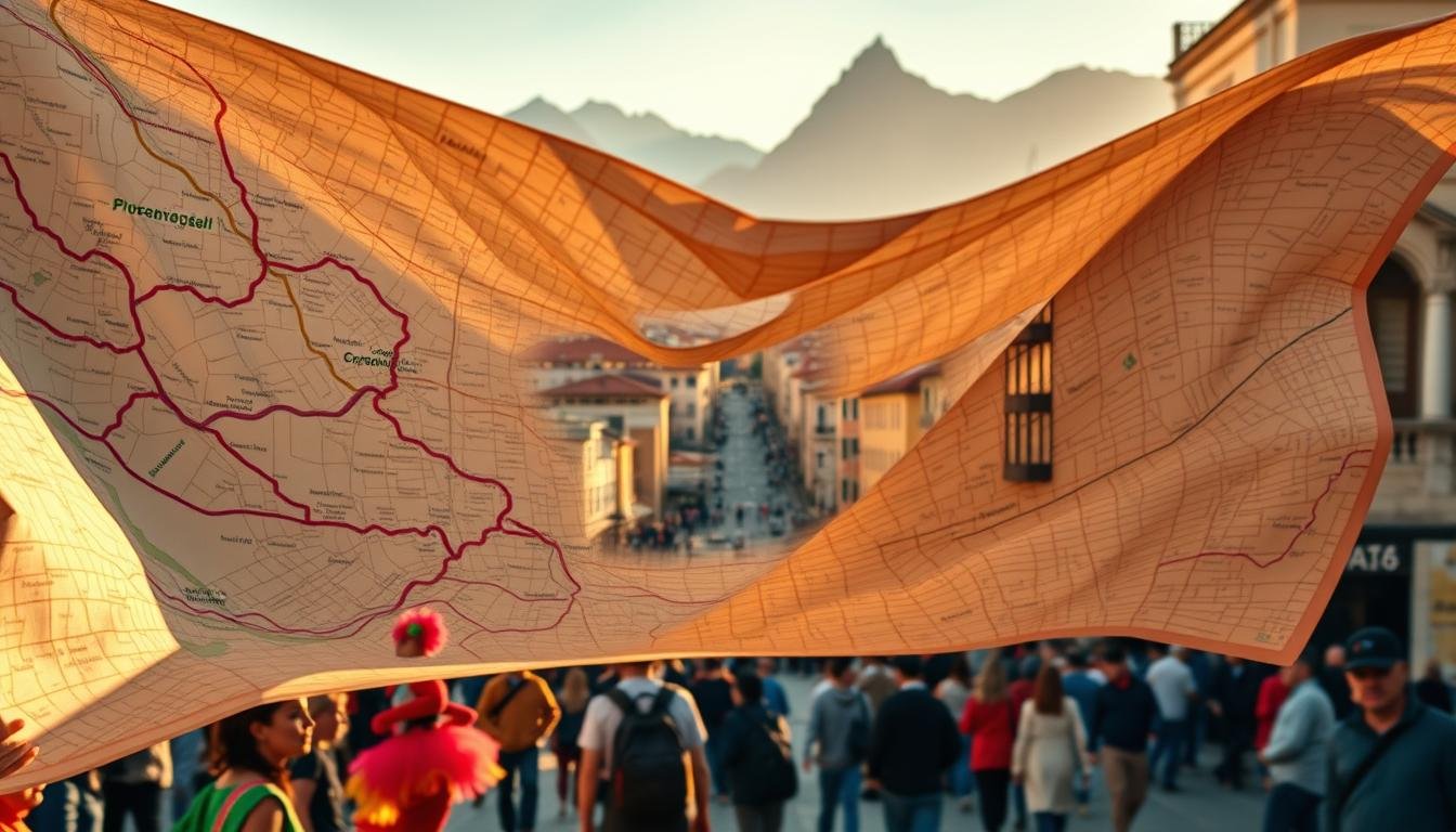 A detailed city map unfurls, guiding the viewer through a meticulously planned walking route. In the foreground, vibrant street performers captivate onlookers, their colorful costumes and lively movements adding energy to the scene. The middle ground showcases bustling city streets, lined with historical buildings and modern structures that create a dynamic urban landscape. In the background, towering mountains rise, their silhouettes providing a serene backdrop to the lively street activities. The lighting is warm and inviting, casting a golden glow that enhances the overall atmosphere of exploration and discovery. The lens captures a wide, panoramic view, inviting the viewer to immerse themselves in the intricate details of this carefully curated itinerary.