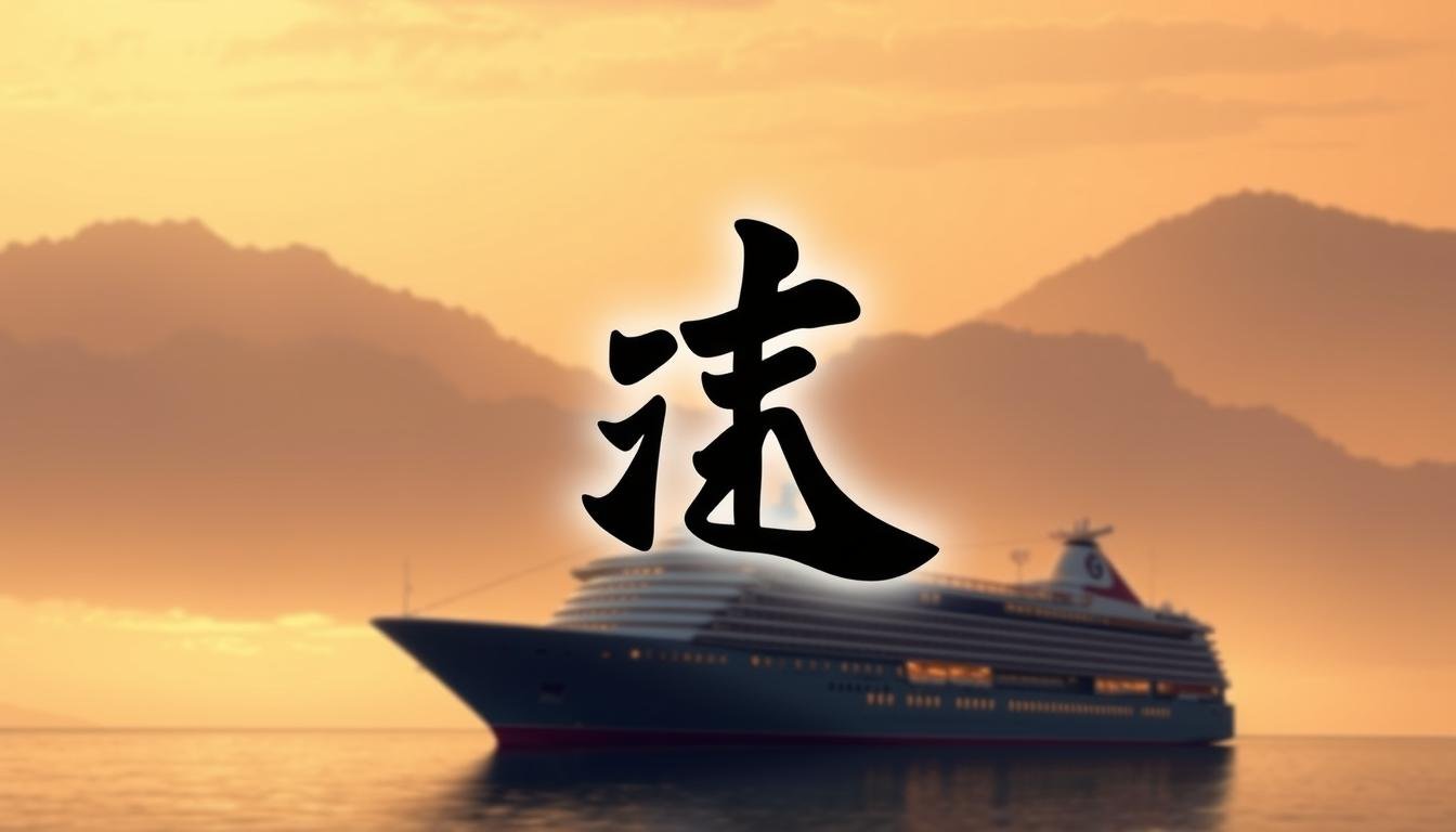 A detailed, high-quality illustration of the Chinese character "號" (hào) against a backdrop of a majestic cruise ship silhouette. The character should be rendered in a bold, calligraphic style, with carefully crafted strokes conveying a sense of elegance and sophistication. The character should be the focal point, occupying the center of the frame, while the ship silhouette provides a subtle, complementary context. The lighting should be warm and diffused, creating a sense of depth and atmosphere, with a slightly muted color palette reflecting the luxurious, nautical theme. The overall composition should be balanced and harmonious, showcasing the beauty and significance of the Chinese character within the context of a premium cruise ship experience. A detailed, high-quality illustration of the Chinese character "號" (hào) against a backdrop of a majestic cruise ship silhouette. The character should be rendered in a bold, calligraphic style, with carefully crafted strokes conveying a sense of elegance and sophistication. The character should be the focal point, occupying the center of the frame, while the ship silhouette provides a subtle, complementary context. The lighting should be warm and diffused, creating a sense of depth and atmosphere, with a slightly muted color palette reflecting the luxurious, nautical theme. The overall composition should be balanced and harmonious, showcasing the beauty and significance of the Chinese character within the context of a premium cruise ship experience.
