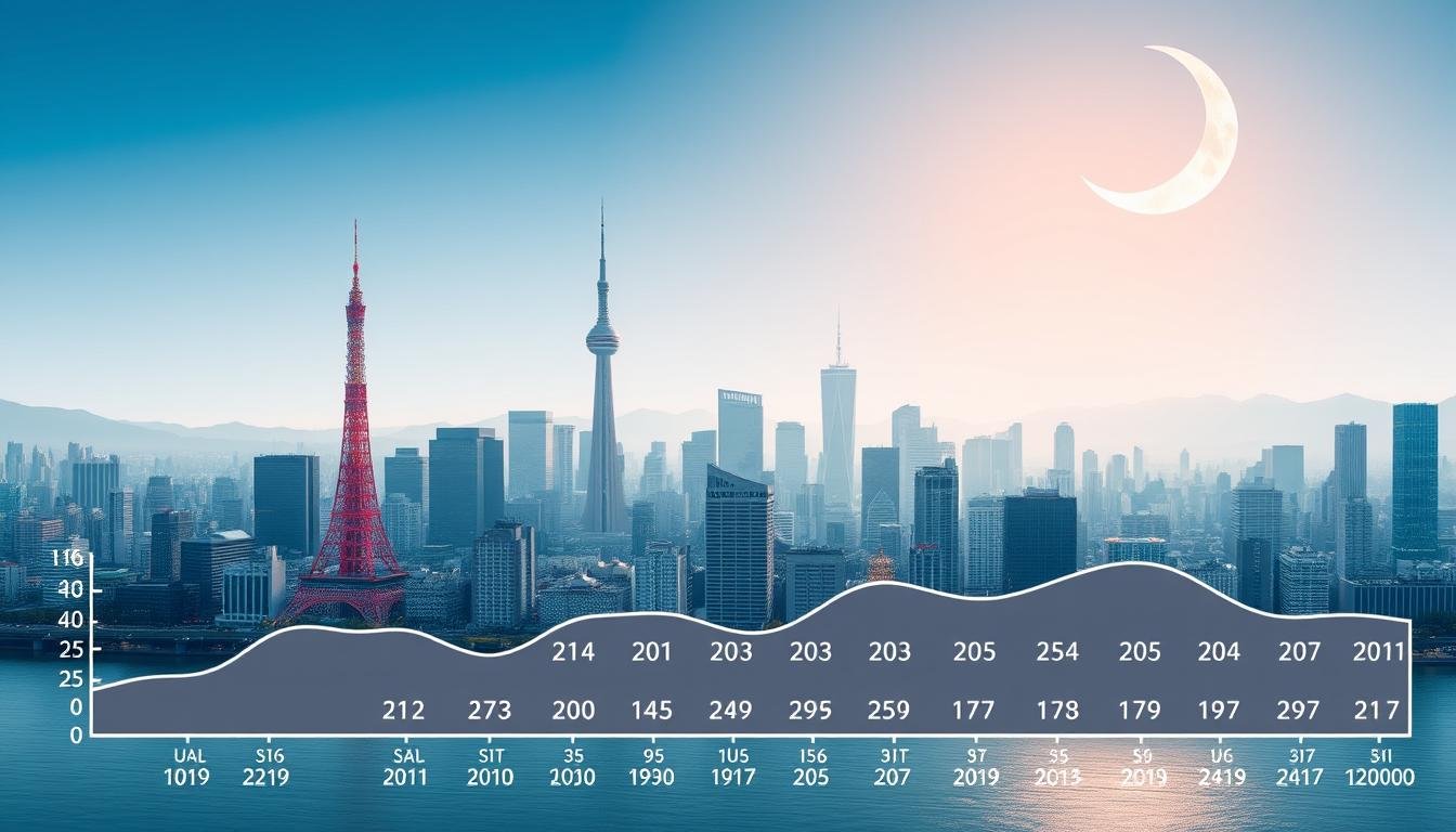 A detailed illustration of the average monthly temperatures in Tokyo, Japan. Set against a serene backdrop of the iconic Tokyo skyline, with the crescent moon casting a soft, ethereal glow over the cityscape. In the foreground, a meticulously crafted graph or chart displaying the average temperature fluctuations throughout the year, with precise numerical values and clear labeling. The overall composition strikes a balance between the urban landscape and the environmental data, creating a visually striking and informative image that effectively conveys the key details of Tokyo's seasonal climate patterns. A detailed illustration of the average monthly temperatures in Tokyo, Japan. Set against a serene backdrop of the iconic Tokyo skyline, with the crescent moon casting a soft, ethereal glow over the cityscape. In the foreground, a meticulously crafted graph or chart displaying the average temperature fluctuations throughout the year, with precise numerical values and clear labeling. The overall composition strikes a balance between the urban landscape and the environmental data, creating a visually striking and informative image that effectively conveys the key details of Tokyo's seasonal climate patterns.