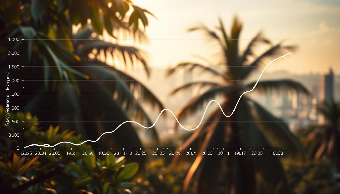 A detailed line graph depicting the yearly and monthly housing price trends in Thailand, presented against a serene landscape of lush tropical foliage and a warm, diffused natural lighting. The graph's lines flow gracefully, with subtle color gradients reflecting the ebb and flow of prices over time. The background features a softly blurred cityscape, hinting at the dynamic urban centers that drive the housing market. The composition strikes a balance between the analytical data and the ambient, contemplative atmosphere, inviting the viewer to thoughtfully consider the nuances of Thailand's real estate landscape. A detailed line graph depicting the yearly and monthly housing price trends in Thailand, presented against a serene landscape of lush tropical foliage and a warm, diffused natural lighting. The graph's lines flow gracefully, with subtle color gradients reflecting the ebb and flow of prices over time. The background features a softly blurred cityscape, hinting at the dynamic urban centers that drive the housing market. The composition strikes a balance between the analytical data and the ambient, contemplative atmosphere, inviting the viewer to thoughtfully consider the nuances of Thailand's real estate landscape.
