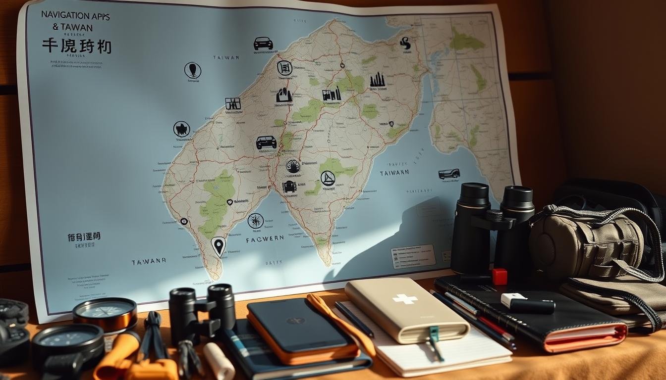 A detailed map of Taiwan prominently displayed, with various navigation icons and symbols overlaid, representing different mapping apps and GPS devices. In the foreground, an array of essential travel gear and equipment is neatly organized, including a compass, binoculars, a portable power bank, a first-aid kit, and a travel journal. The scene is illuminated by warm, natural lighting, conveying a sense of adventure and preparedness for a self-driving journey around the island. The overall composition suggests a well-equipped and thoughtfully planned excursion, reflecting the practical nature of the "Navigation Apps and Gear Checklist" section.