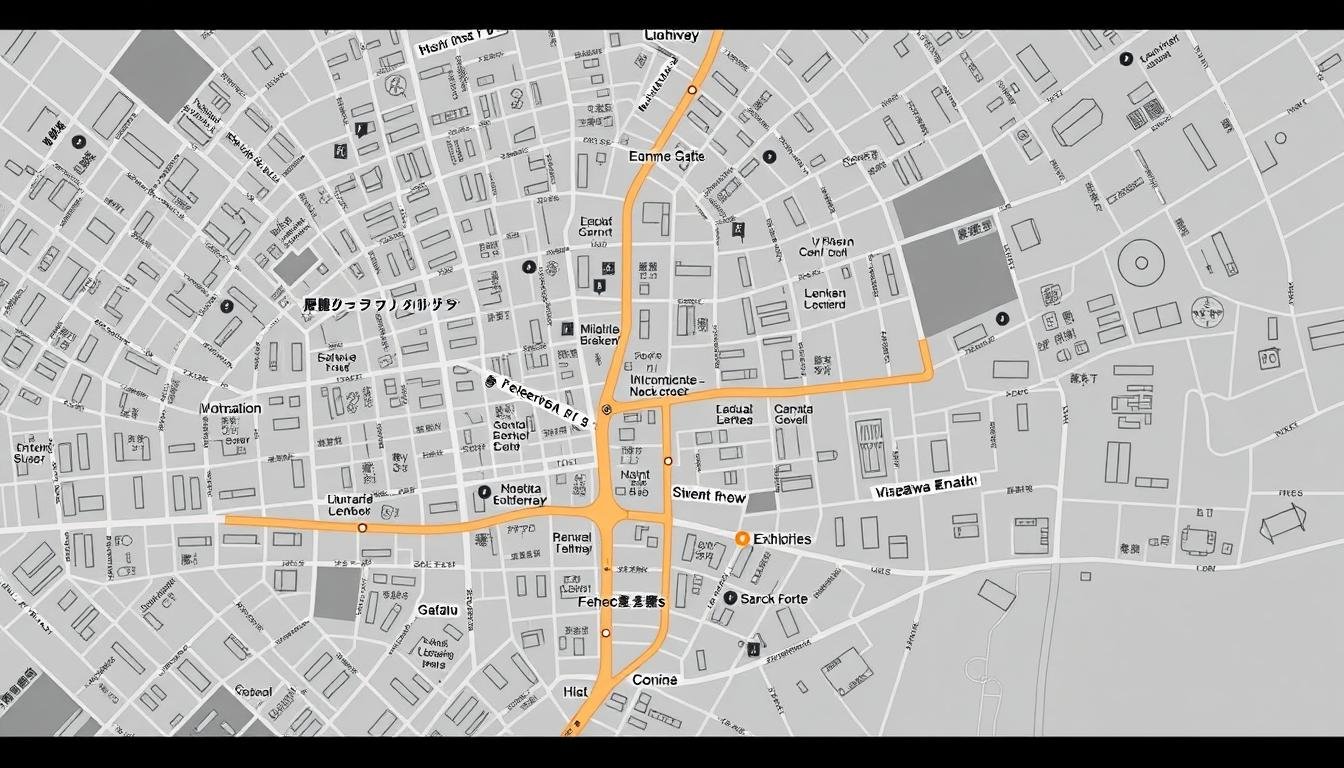 A detailed map of a city street grid, with highlighted walking routes connecting various manhwa (Korean comic) exhibition venues. The map should feature detailed landmarks, transport hubs, and points of interest, inviting the viewer to embark on a multimedia manga-inspired urban exploration. Utilize a minimalist, elegantly annotated cartographic style with a muted color palette, creating a sense of calm and discovery. Capture the excitement of navigating a city through the lens of its vibrant comic culture, guiding the viewer through an immersive, seamless experience.