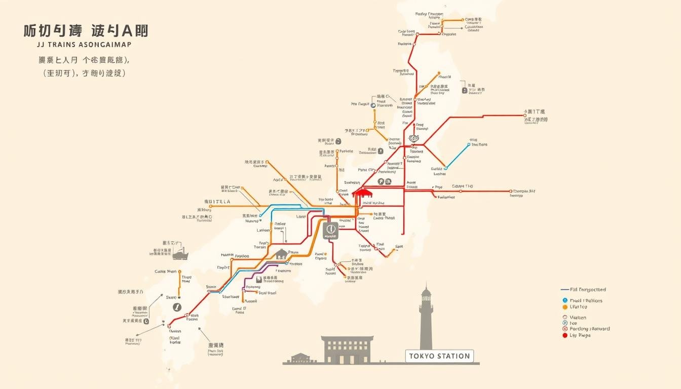 A detailed map of the Japanese transportation system, showcasing the intricate web of JR trains, private railways, and subway lines that crisscross Tokyo. The map is rendered in a clean, minimalist style with clear, legible icons and labels. The background is a muted tone, allowing the transportation routes to take center stage. The foreground features prominent landmarks like Tokyo Station and key interchange hubs, guiding the viewer through the city's transit options. The overall composition conveys a sense of efficiency, connectivity, and the ease of navigating Japan's renowned public transportation network. A detailed map of the Japanese transportation system, showcasing the intricate web of JR trains, private railways, and subway lines that crisscross Tokyo. The map is rendered in a clean, minimalist style with clear, legible icons and labels. The background is a muted tone, allowing the transportation routes to take center stage. The foreground features prominent landmarks like Tokyo Station and key interchange hubs, guiding the viewer through the city's transit options. The overall composition conveys a sense of efficiency, connectivity, and the ease of navigating Japan's renowned public transportation network.