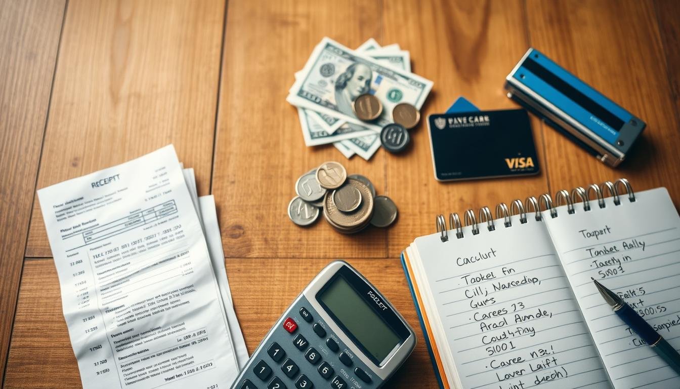 A detailed overhead view of a wooden table showcasing various financial items related to travel budgeting. In the foreground, a calculator, receipts, and a notebook with handwritten calculations are neatly arranged. In the middle ground, a stack of coins, bills, and a credit card are positioned, conveying the concept of financial planning. The background features a soft, warm lighting, creating a calm and thoughtful atmosphere, suitable for the "旅遊攻略分享：花費試算、預算配置與省錢關鍵" section of the article. The image should be well-balanced, with a minimalist and organized aesthetic, reflecting the thorough and meticulous nature of the travel budgeting process.