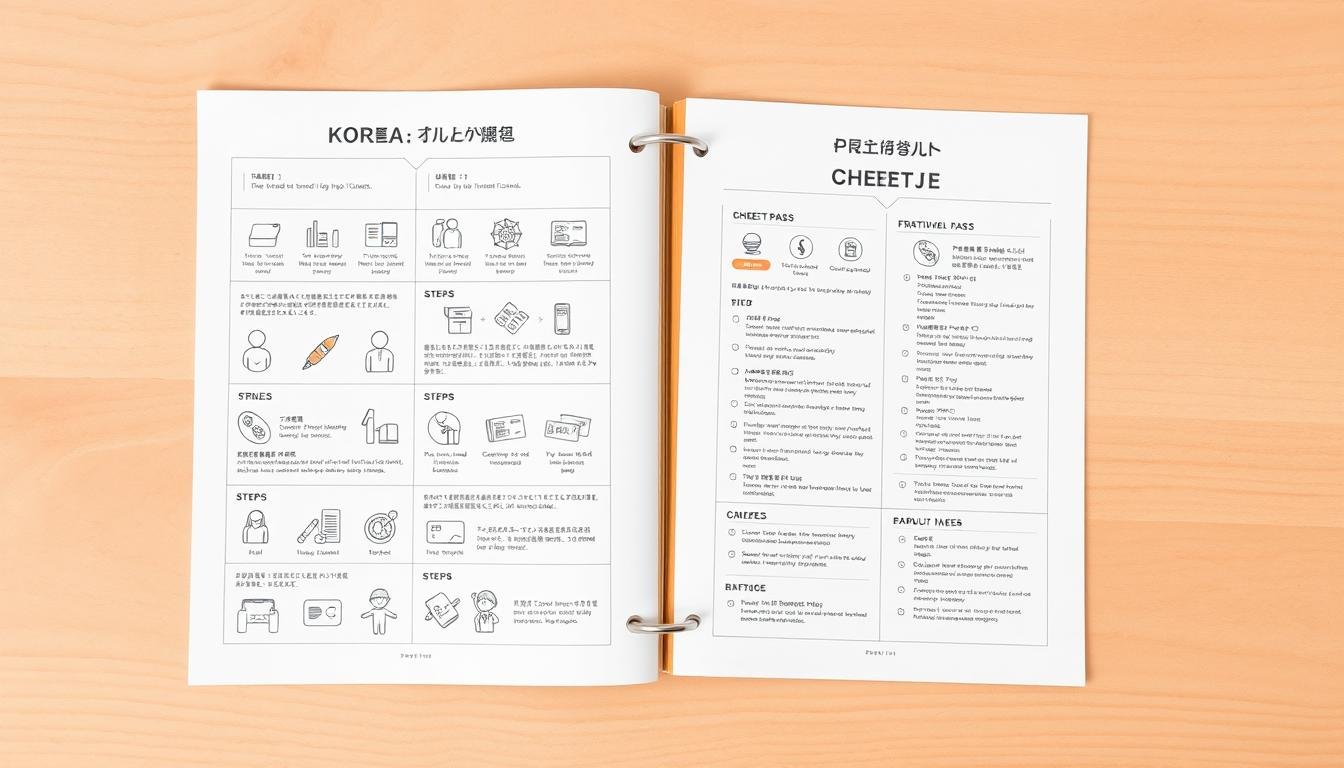 A detailed planning guide for a family trip to Korea, with a concise cheat sheet for essential travel tickets and passes. Set against a warm, inviting backdrop, showcasing carefully curated icons and illustrations to guide the viewer through the key steps of pre-trip organization. The composition features a clean, minimalist layout with ample white space, allowing the relevant information to take center stage. Muted pastel tones and a soft, diffused lighting create a calming, approachable atmosphere, perfect for a travel planning resource. The overall aesthetic strikes a balance between functionality and visual appeal, reflecting the practical yet engaging nature of the content.