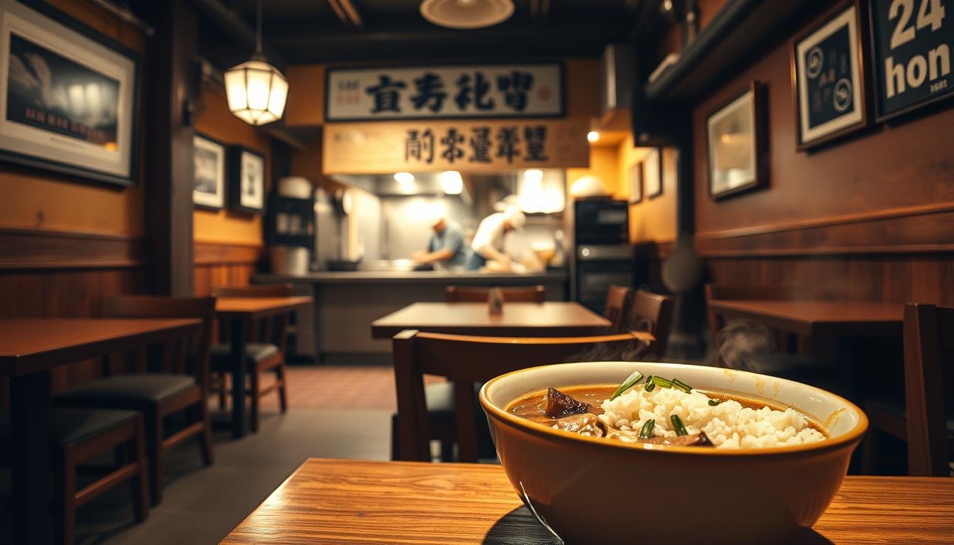 A dimly lit, cozy 24-hour restaurant interior with a warm, inviting atmosphere. Wooden tables and chairs, soft lighting, and the aroma of simmering pork broth fills the air. In the foreground, a steaming bowl of rich, aromatic pork bone soup with rice, garnished with scallions, sits on a wooden table, ready to be savored by a lone diner. The middle ground showcases the bustling open kitchen, where chefs skillfully prepare the signature dish. In the background, a wall-mounted menu and framed art pieces add to the authentic Korean ambiance. The overall scene evokes a sense of comfort, nourishment, and the simple pleasure of a hearty, soul-warming meal in the heart of Seoul.