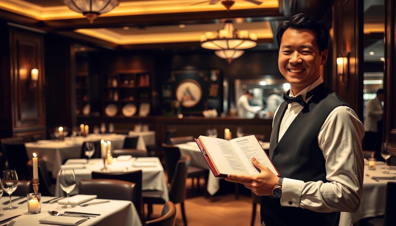 A dimly lit, cozy interior of a renowned Hong Kong restaurant, with crisp white tablecloths, elegant place settings, and the soft glow of candles casting a warm ambiance. In the foreground, a well-dressed host smiles warmly, gesturing towards a meticulously curated reservation book. The middle ground showcases a tasteful mix of traditional and modern decor, while the background hints at the bustling kitchen, where skilled chefs prepare the city's most sought-after dishes. The entire scene exudes an air of exclusivity and refinement, inviting the viewer to envision the ultimate dining experience.