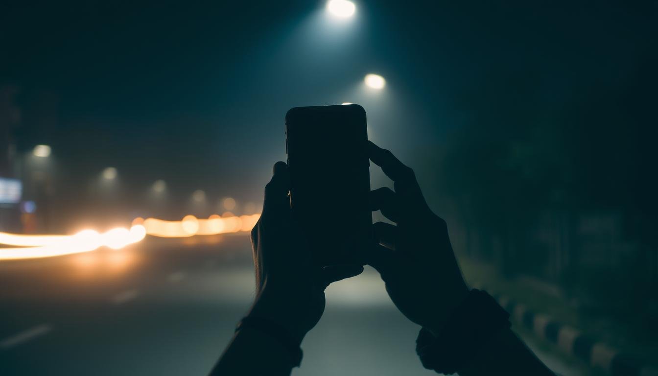 A dimly lit street at night, with a person holding a smartphone in their hands, the screen emitting a soft, warm glow. The camera is set on a long exposure, capturing the motion of the person's movements, creating a sense of blurred, ethereal light trails. The background is hazy, with a few streetlights and buildings visible, adding to the atmospheric, moody ambiance. The scene conveys a contemplative, creative mood, with the smartphone becoming a tool for artistic expression through the use of long exposure photography. A dimly lit street at night, with a person holding a smartphone in their hands, the screen emitting a soft, warm glow. The camera is set on a long exposure, capturing the motion of the person's movements, creating a sense of blurred, ethereal light trails. The background is hazy, with a few streetlights and buildings visible, adding to the atmospheric, moody ambiance. The scene conveys a contemplative, creative mood, with the smartphone becoming a tool for artistic expression through the use of long exposure photography.