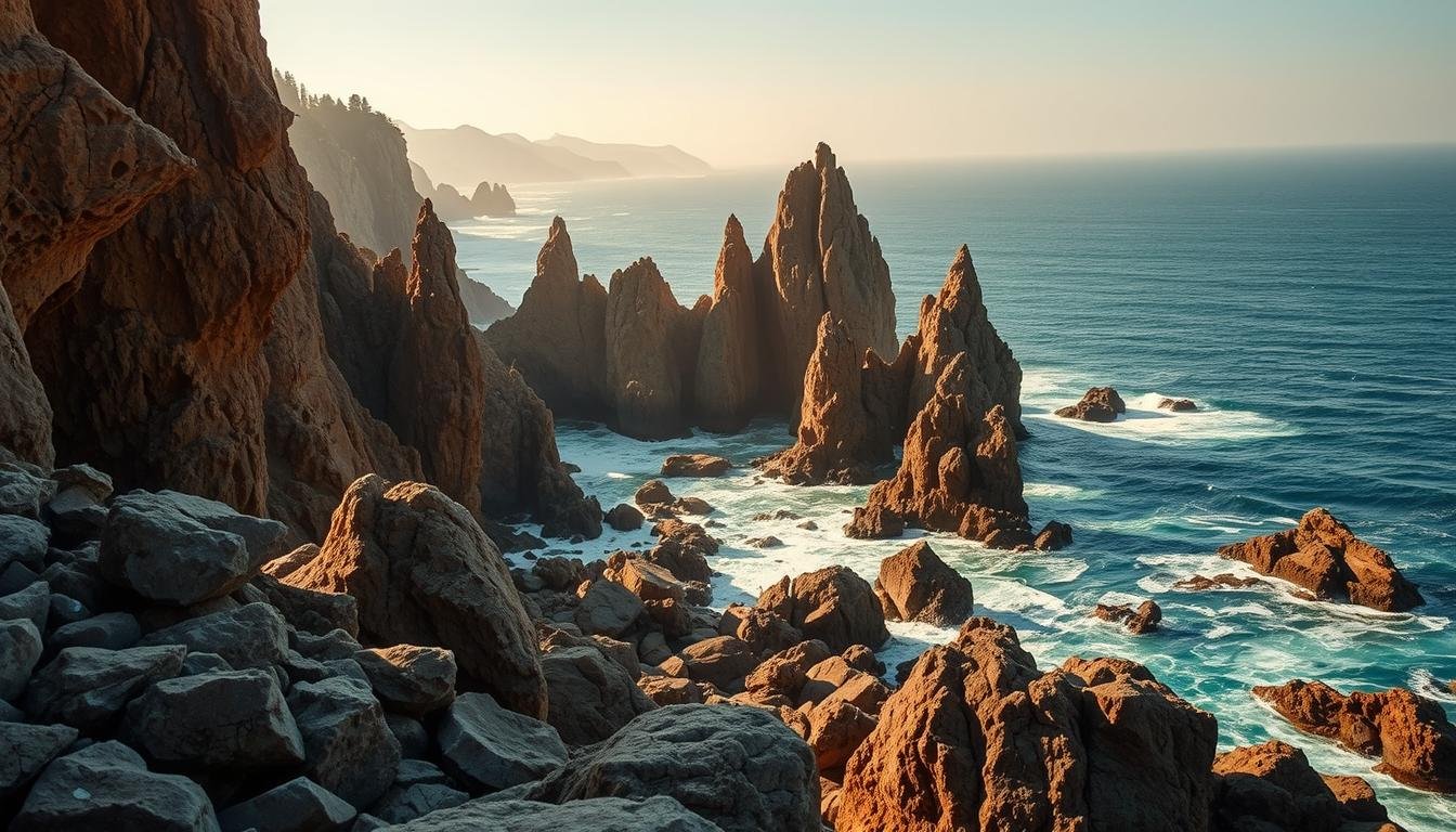 A dramatic coastal landscape with towering sea cliffs, jagged rock formations, and weathered caves. The foreground features a rugged, wind-swept shoreline dotted with ancient, gnarled boulders. In the middle ground, dramatic rock spires and pinnacles jut out from the crashing waves, their intricate patterns and textures illuminated by warm, golden sunlight filtering through atmospheric haze. The background reveals a panoramic vista of distant, mist-shrouded headlands and a boundless azure ocean horizon. The scene conveys a sense of raw, untamed natural beauty and geological wonder. A dramatic coastal landscape with towering sea cliffs, jagged rock formations, and weathered caves. The foreground features a rugged, wind-swept shoreline dotted with ancient, gnarled boulders. In the middle ground, dramatic rock spires and pinnacles jut out from the crashing waves, their intricate patterns and textures illuminated by warm, golden sunlight filtering through atmospheric haze. The background reveals a panoramic vista of distant, mist-shrouded headlands and a boundless azure ocean horizon. The scene conveys a sense of raw, untamed natural beauty and geological wonder.