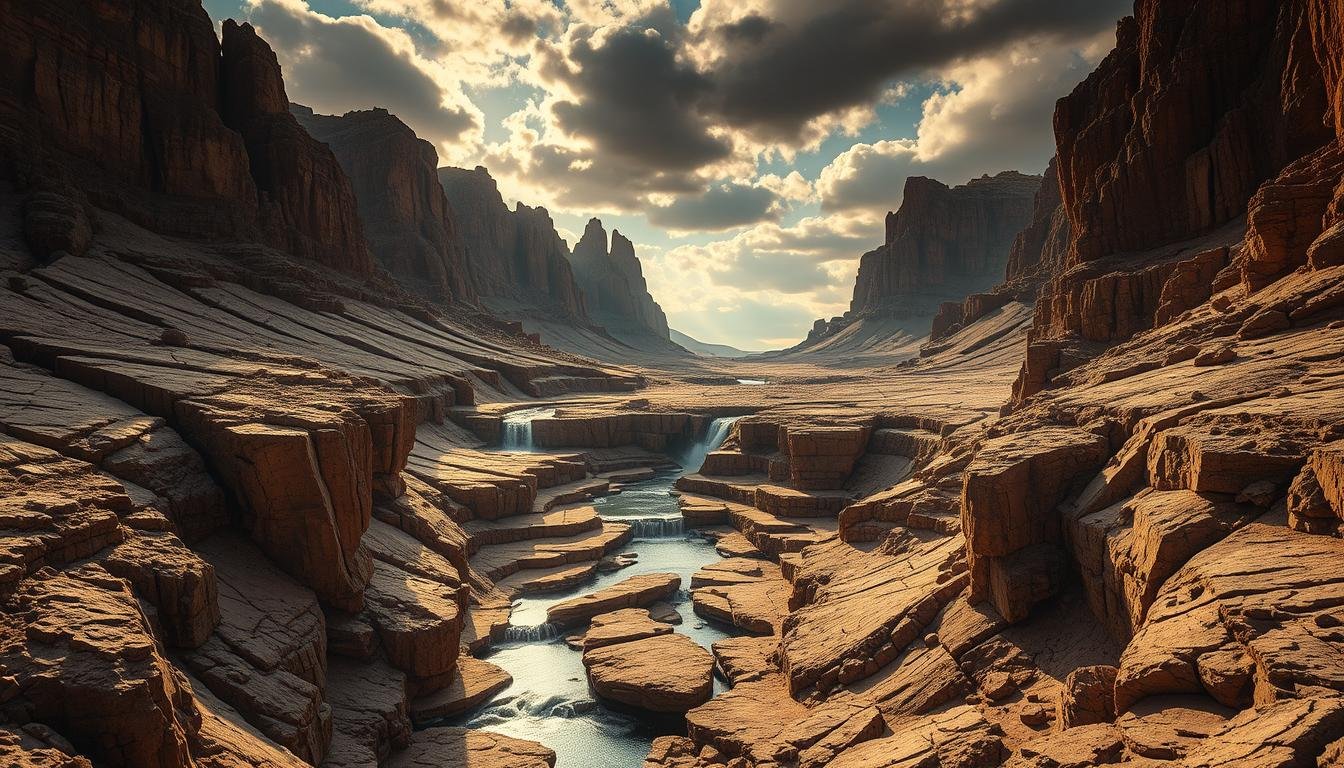 A dramatic, weathered landscape with prominent fault lines and deep crevices cutting through the rocky terrain. The scene is bathed in warm, golden sunlight, casting dramatic shadows and highlights that accentuate the rugged, angular features. In the middle ground, a series of tiered pools and cascades flow lazily through the fractured earth, their tranquil waters reflecting the dramatic skyscape above. Towering cliffs and craggy outcroppings rise up in the background, creating a sense of scale and depth. An aura of ancient, primal power emanates from this primal, geologically-sculpted vista. A dramatic, weathered landscape with prominent fault lines and deep crevices cutting through the rocky terrain. The scene is bathed in warm, golden sunlight, casting dramatic shadows and highlights that accentuate the rugged, angular features. In the middle ground, a series of tiered pools and cascades flow lazily through the fractured earth, their tranquil waters reflecting the dramatic skyscape above. Towering cliffs and craggy outcroppings rise up in the background, creating a sense of scale and depth. An aura of ancient, primal power emanates from this primal, geologically-sculpted vista.