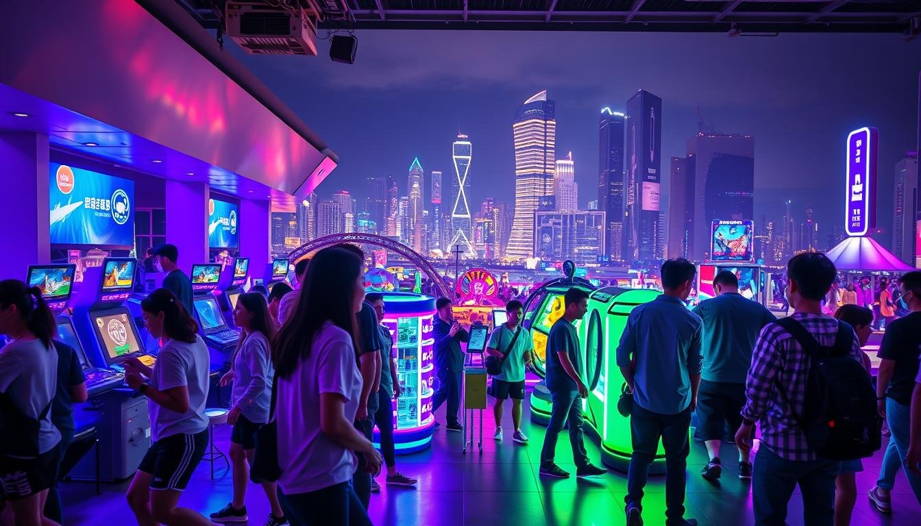A dynamic and thrilling scene of Korean leisure and entertainment. In the foreground, vibrant neon lights illuminate a group of young people engaged in lively activities - dancing, gaming, and socializing against a backdrop of sleek, futuristic architecture. The middle ground is filled with a diverse array of attractions, from virtual reality stations to high-tech interactive displays, all bathed in a pulsing, colorful glow. In the background, the cityscape stretches out, with towering skyscrapers and a bustling nightlife creating an atmosphere of energy and excitement. The image evokes a sense of pure, unadulterated fun and adventure, perfectly capturing the spirit of "Dynamic and Thrilling: The Playful Upgrade of Korean Leisure Activities".