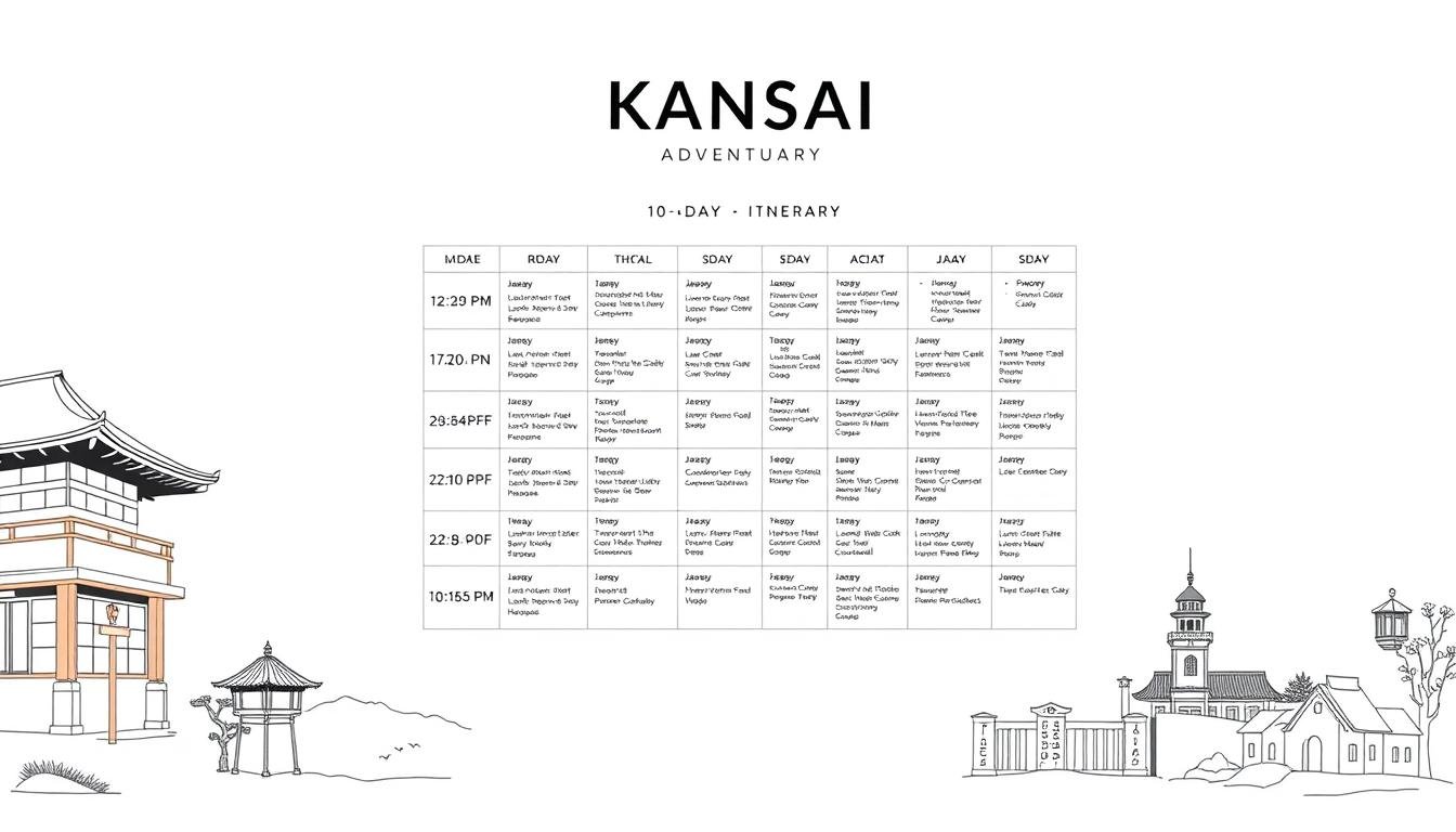 A finely curated travel itinerary for a 10-day Kansai adventure, displayed on a sleek, minimal template. The layout features clean lines, a muted color palette, and expertly arranged elements that guide the viewer's eye. In the center, a detailed schedule outlines each day's activities, with icons and textual cues providing a clear, organized flow. Surrounding the schedule, elegant illustrations of Kansai landmarks subtly frame the content, hinting at the wonders that await. The overall impression is one of sophistication, functionality, and a deep understanding of the region's highlights - a perfect companion for the discerning traveler seeking to maximize their Kansai experience. A finely curated travel itinerary for a 10-day Kansai adventure, displayed on a sleek, minimal template. The layout features clean lines, a muted color palette, and expertly arranged elements that guide the viewer's eye. In the center, a detailed schedule outlines each day's activities, with icons and textual cues providing a clear, organized flow. Surrounding the schedule, elegant illustrations of Kansai landmarks subtly frame the content, hinting at the wonders that await. The overall impression is one of sophistication, functionality, and a deep understanding of the region's highlights - a perfect companion for the discerning traveler seeking to maximize their Kansai experience.