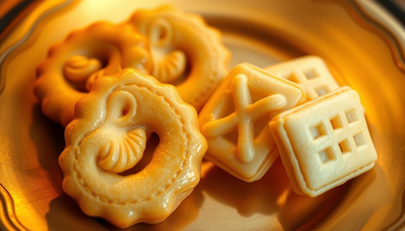 A golden-hued plate showcases two distinct Hong Kong delicacies: curvy, buttery 曲奇 cookies and delicate, flaky 蝴蝶酥 pastries. The 曲奇 shine with a subtle sheen, their intricate designs and scalloped edges inviting the viewer to take a bite. Beside them, the 蝴蝶酥 appear as soft, pillowy squares with a delicate, latticed texture, hinting at the layers of crisp pastry within. Warm, ambient lighting casts a cozy glow over the arrangement, highlighting the artisanal craftsmanship and the mouthwatering appeal of these iconic Hong Kong treats. The overall composition conveys a sense of traditional Hong Kong culture and the enduring allure of its iconic baked goods.