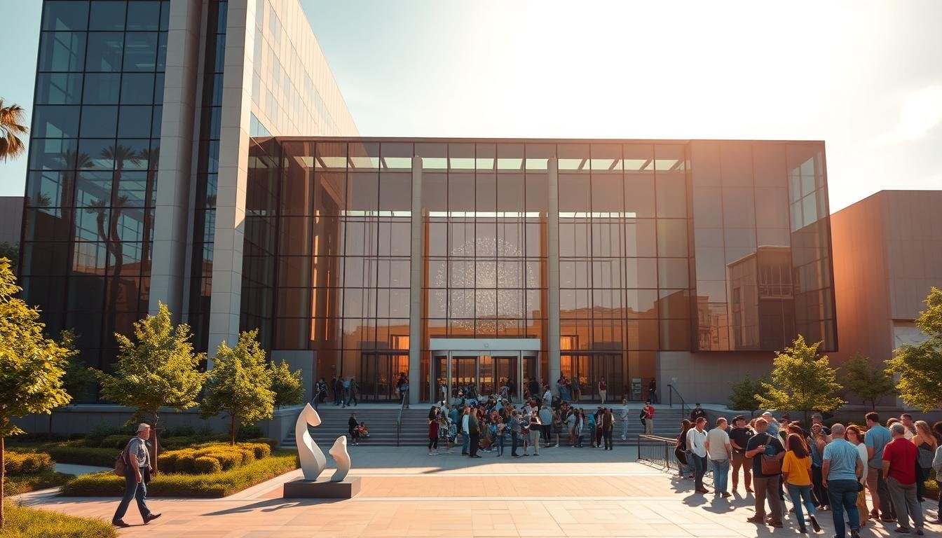 A grand, contemporary art museum facade, its sleek glass and steel structure gleaming under warm, golden sunlight. The entrance is flanked by towering columns, leading visitors through a grand archway into the expansive lobby. Lush greenery and modern sculptures dot the plaza, creating a serene, inviting atmosphere. In the distance, a vibrant crowd gathers, eagerly anticipating the upcoming exhibition opening. The scene exudes a sense of cultural excitement and artistic sophistication, setting the stage for an extraordinary visual experience.