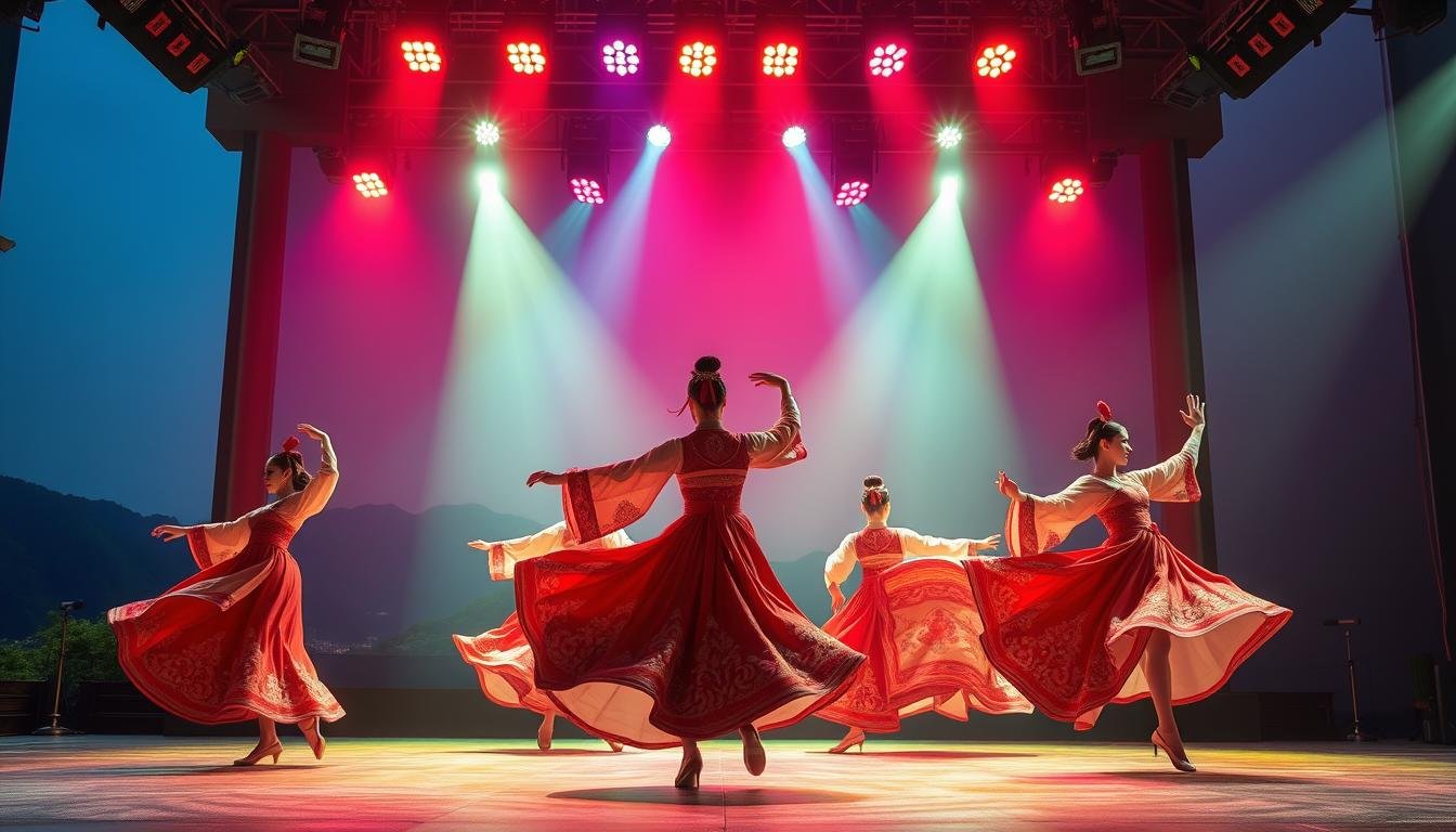 A grand stage set ablaze with vibrant spotlights, illuminating a captivating performance of traditional Korean dance. Graceful dancers in richly embroidered hanbok costumes twirl and sway, their movements fluid and mesmerizing. The background is a panoramic vista of majestic mountains, hinting at the cultural heritage of the Korean peninsula. The overall atmosphere exudes a sense of awe and reverence, inviting the viewer to be transported into the heart of this mesmerizing artform. Capture the essence of this dynamic and visually stunning Korean performance.