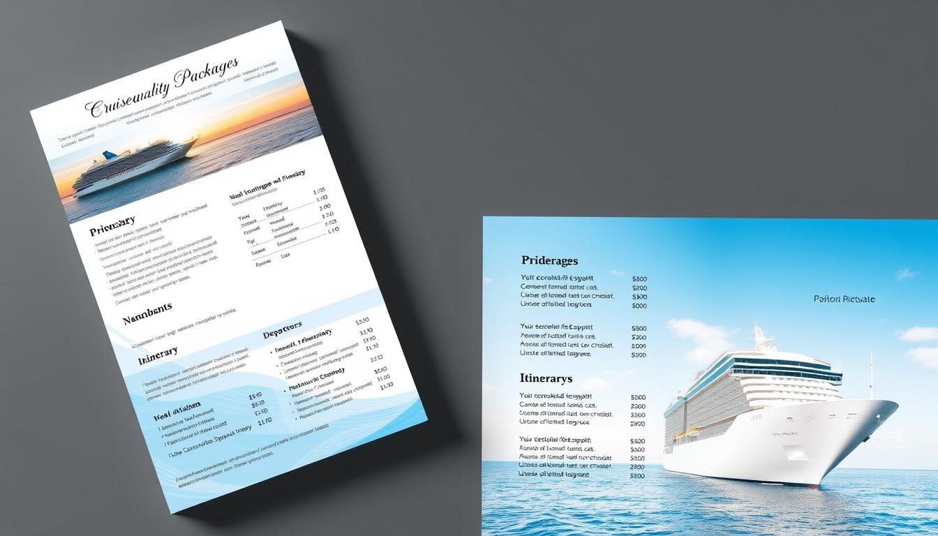 A high-quality cruise ship brochure with detailed information on cruise package options, including pricing, itinerary, and departure dates. The brochure should have a clean, professional design with a mix of elegant typography, crisp photography, and subtle gradients or patterns in the background. The layout should be well-organized, making it easy for the viewer to find and compare different cruise packages. The color palette should be sophisticated, with a mix of warm and cool tones that evoke the luxury and tranquility of a cruise vacation. The overall impression should be one of refined sophistication, conveying the quality and value of the cruise offerings. A high-quality cruise ship brochure with detailed information on cruise package options, including pricing, itinerary, and departure dates. The brochure should have a clean, professional design with a mix of elegant typography, crisp photography, and subtle gradients or patterns in the background. The layout should be well-organized, making it easy for the viewer to find and compare different cruise packages. The color palette should be sophisticated, with a mix of warm and cool tones that evoke the luxury and tranquility of a cruise vacation. The overall impression should be one of refined sophistication, conveying the quality and value of the cruise offerings.