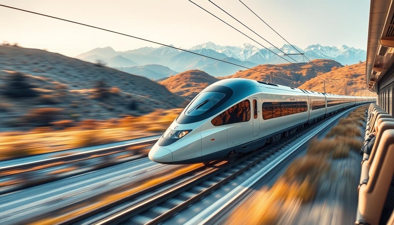 A high-speed KTX train gliding through the rolling hills, connecting the bustling metropolis of Seoul with the vibrant coastal city of Busan. The train's sleek, aerodynamic design cuts through the air, its powerful electric engines propelling it forward at impressive speeds. Passengers gaze out the panoramic windows, marveling at the picturesque Korean countryside as it blurs past. The train's interior is modern and comfortable, with plush seating and ample legroom. Warm, natural lighting filters in, creating a welcoming atmosphere. In the background, the towering Taebaek Mountains rise, their peaks capped with snow. This efficient and eco-friendly transportation system is a testament to South Korea's technological prowess and commitment to sustainable infrastructure. A high-speed KTX train gliding through the rolling hills, connecting the bustling metropolis of Seoul with the vibrant coastal city of Busan. The train's sleek, aerodynamic design cuts through the air, its powerful electric engines propelling it forward at impressive speeds. Passengers gaze out the panoramic windows, marveling at the picturesque Korean countryside as it blurs past. The train's interior is modern and comfortable, with plush seating and ample legroom. Warm, natural lighting filters in, creating a welcoming atmosphere. In the background, the towering Taebaek Mountains rise, their peaks capped with snow. This efficient and eco-friendly transportation system is a testament to South Korea's technological prowess and commitment to sustainable infrastructure.