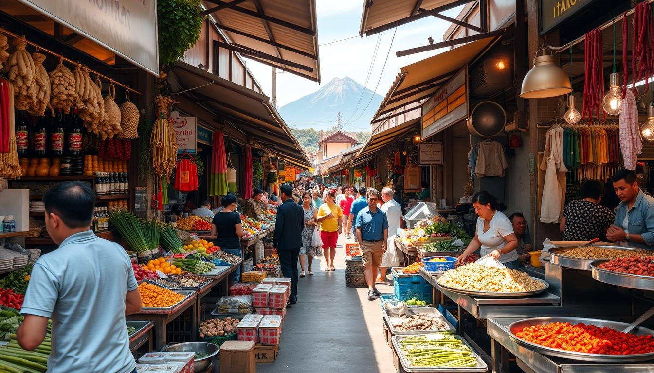 A lively street market in Chiang Mai, Thailand, with vibrant displays of fresh produce, fragrant spices, and sizzling food stalls. Narrow alleyways wind through the bustling crowd, where locals and tourists alike haggle for the perfect ingredients. Sunlight filters through the awnings, casting a warm glow over the scene. The air is heavy with the aromas of lemongrass, ginger, and chili peppers, inviting you to explore and discover the essence of authentic Thai cuisine. In the distance, the silhouette of Doi Suthep mountain looms, a majestic backdrop to this immersive culinary experience.