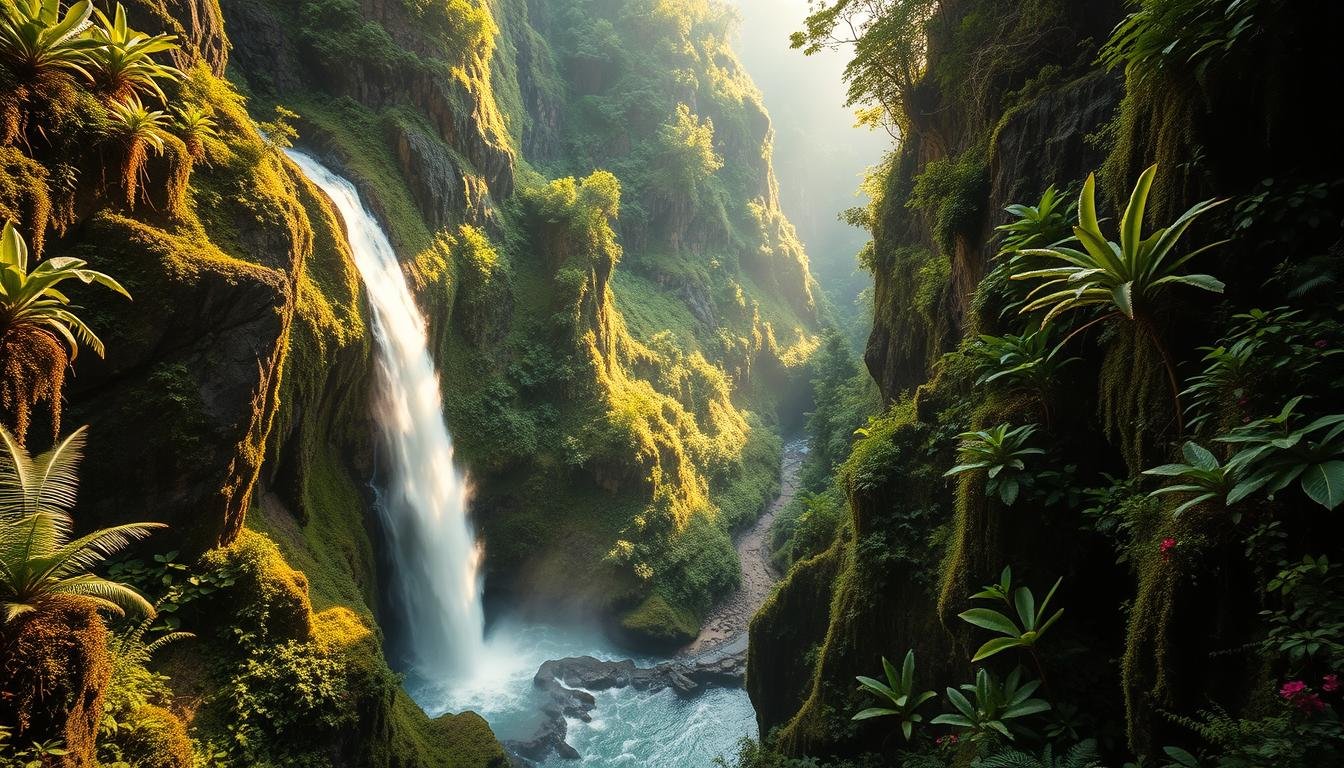 A lush, verdant canyon carves through the heart of Kawaii Island, its towering cliffs cloaked in a verdant tapestry of ferns and mosses. A cascading waterfall thunders down the rocky face, its mist-shrouded plunge pool surrounded by a riot of tropical flowers. Sunlight filters through the dense canopy, casting a warm, golden glow over the scene. In the middle distance, a winding trail leads deeper into the forested ravine, inviting the viewer to explore this verdant, otherworldly landscape. The mood is one of tranquil wonder, a sense of being immersed in a lush, primeval paradise. Capture this scene with a wide-angle lens, highlighting the dramatic interplay of light, water, and verdant foliage that defines the essence of Kawaii Island's captivating canyon.